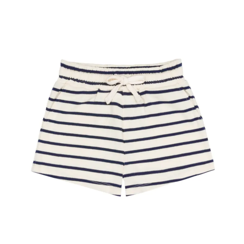 unisex cream and navy stripe short sold by minnow