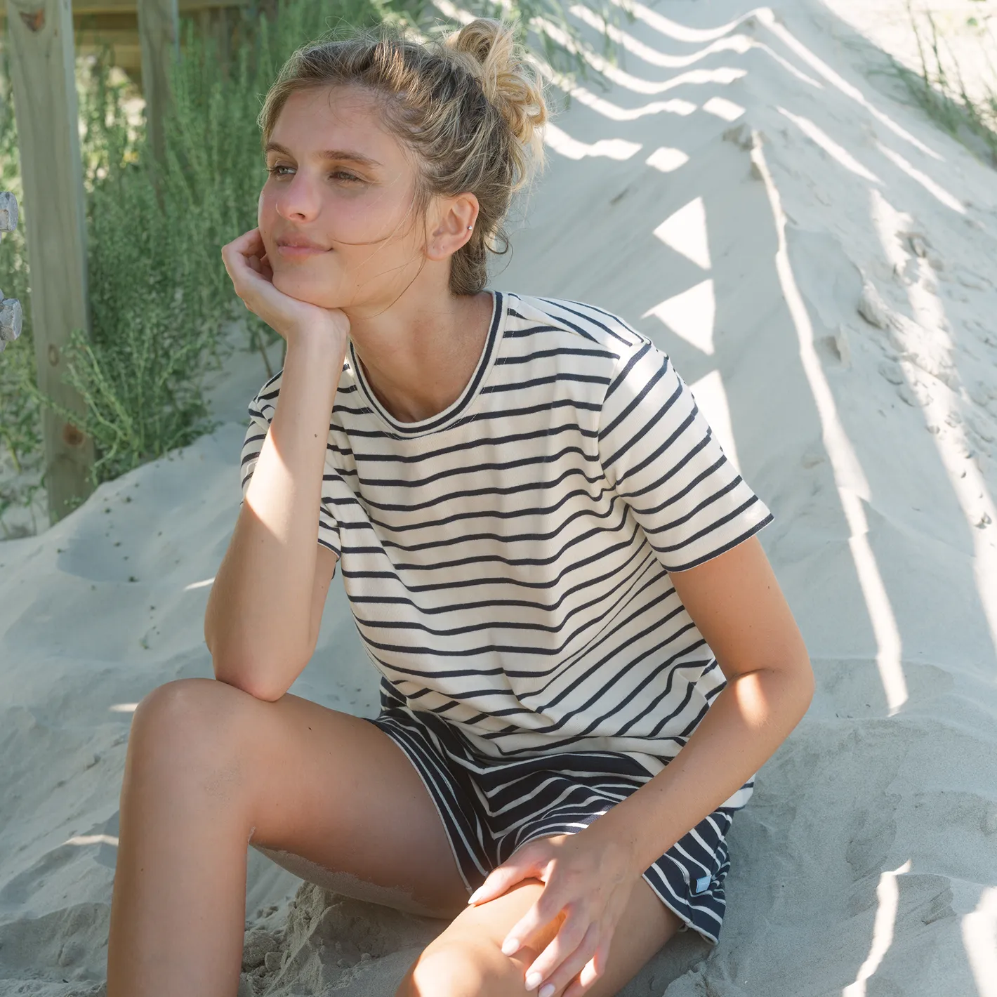 women's cream and navy stripe short sleeve tee sold by minnow product image thumbnail 2
