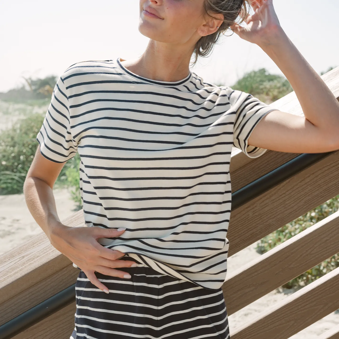 women's cream and navy stripe short sleeve tee sold by minnow product image thumbnail 3