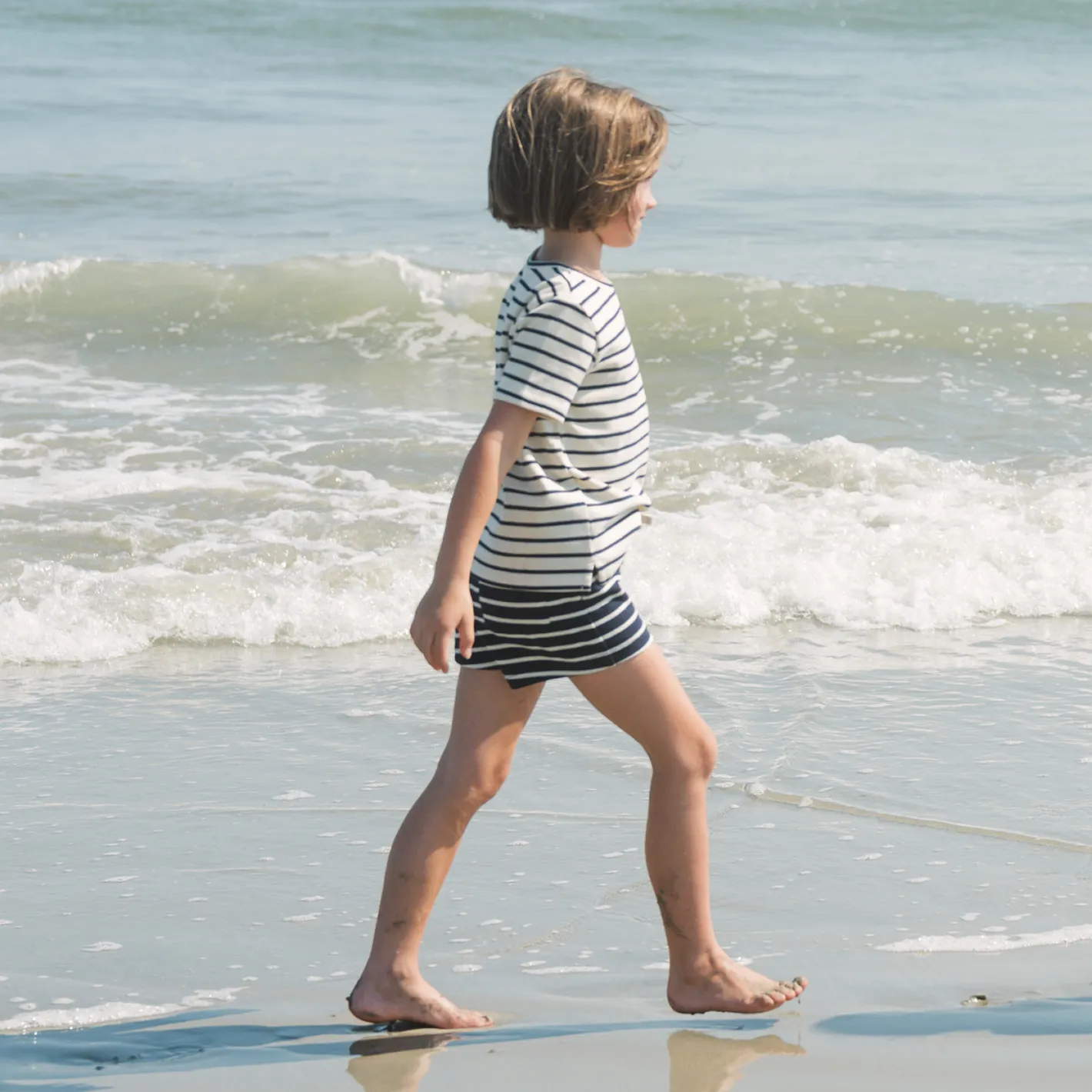 unisex cream and navy stripe boatneck tee sold by minnow product image thumbnail 3