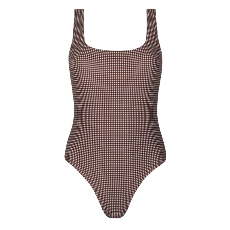 women's cocoa gingham square neck one piece sold by minnow