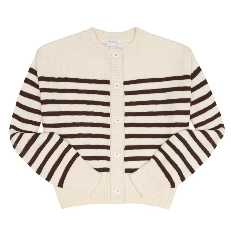 women's cream and brown stripe cropped knit cardigan sold by minnow