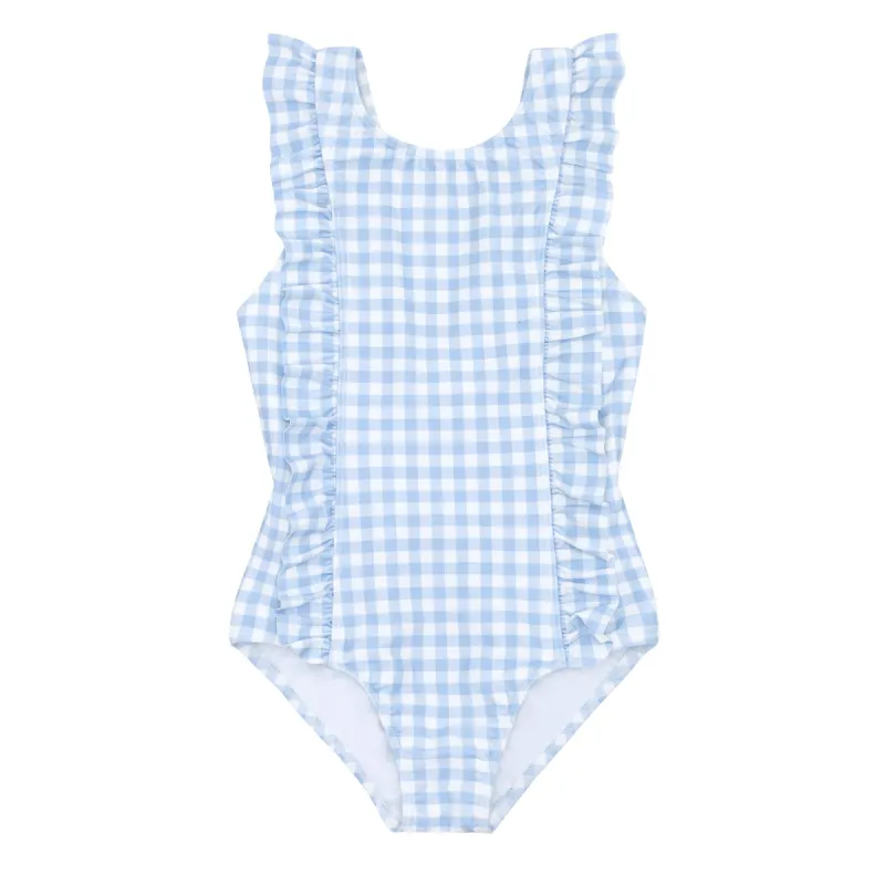girls oasis blue gingham ruffle one piece sold by minnow