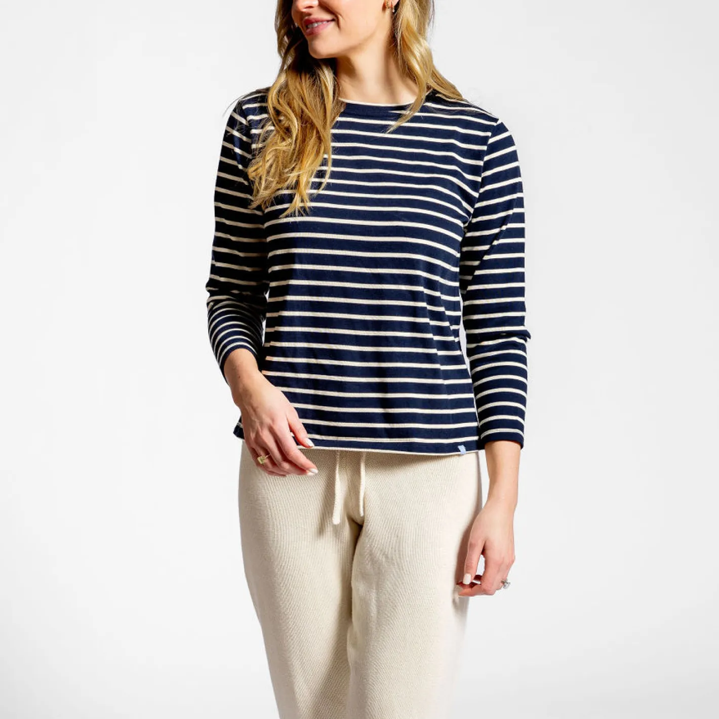 women's navy and cream stripe long sleeve tee sold by minnow product image thumbnail 5