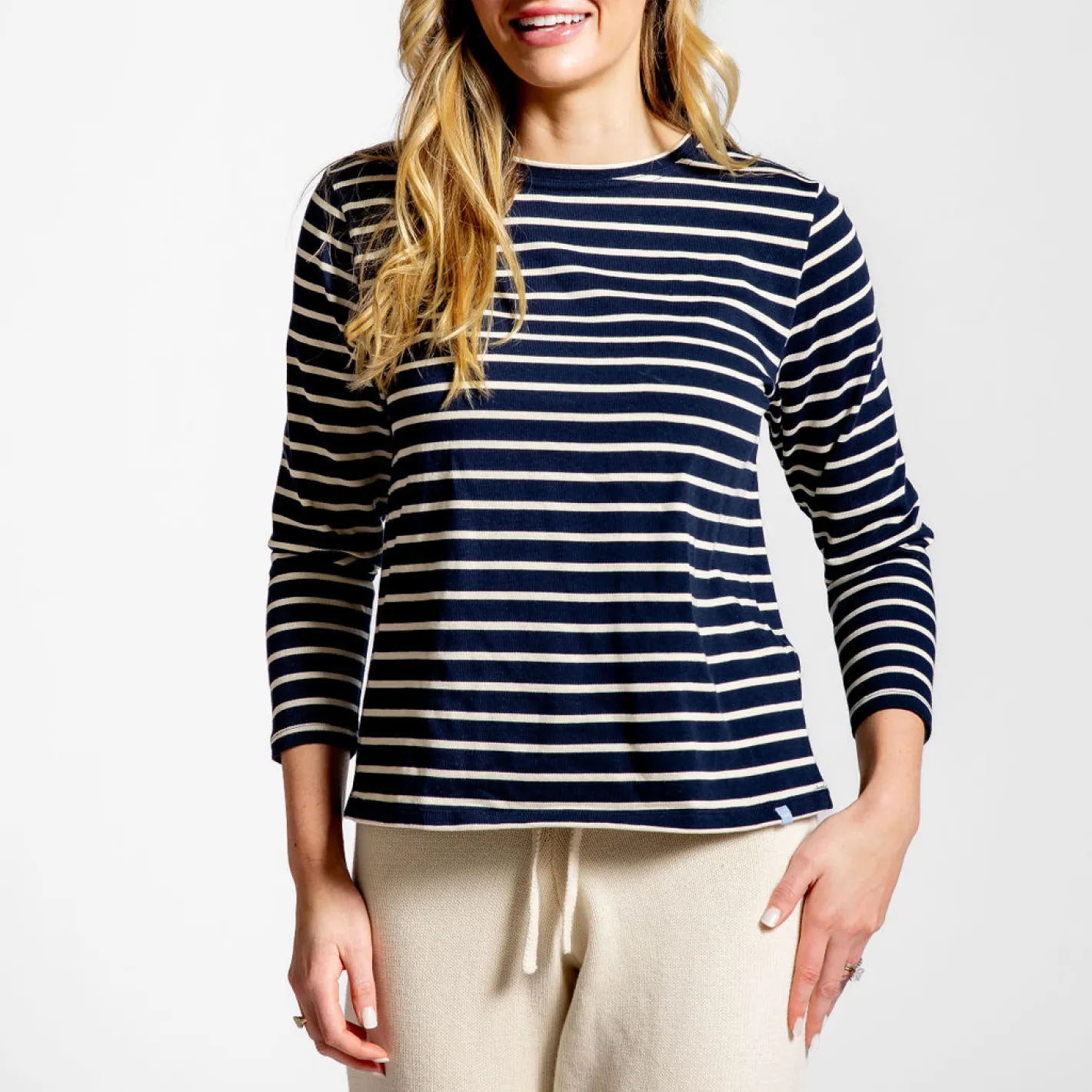 women's navy and cream stripe long sleeve tee sold by minnow product image thumbnail 2