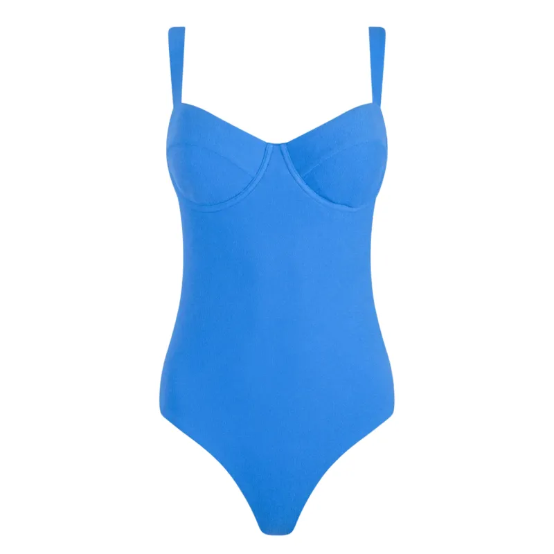 women's deep sea blue terry one piece made by minnow