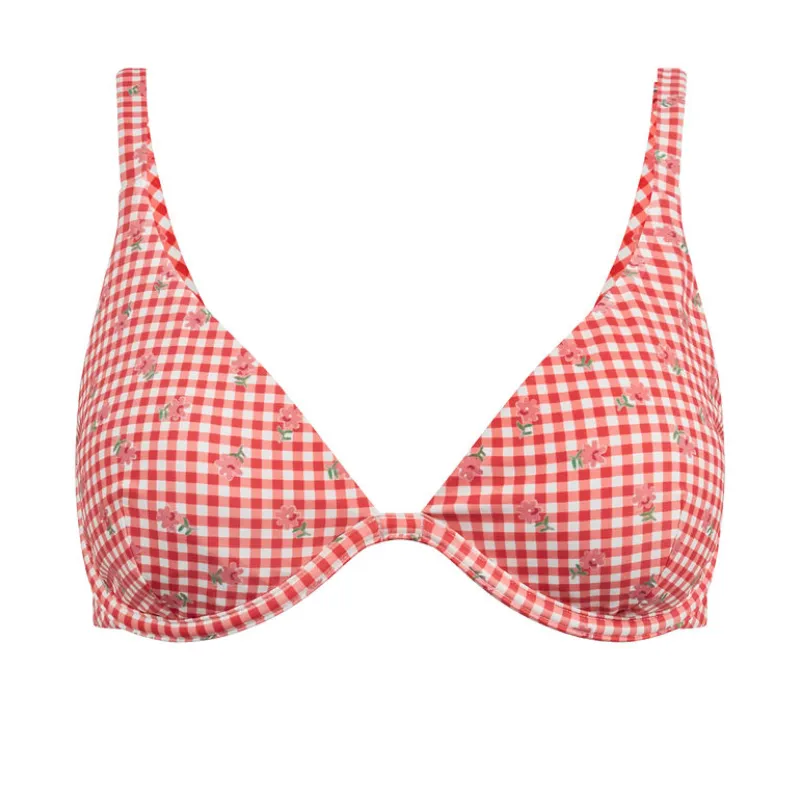 women's strawberry gingham triangle bikini top made by minnow