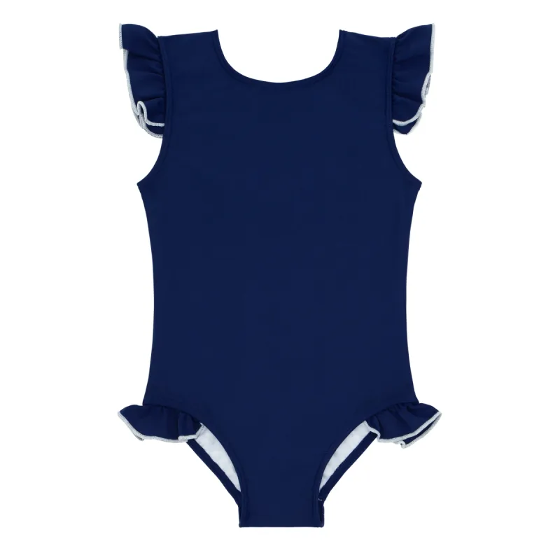 girls navy with white trim ruffle sleeve rashguard one piece sold by minnow
