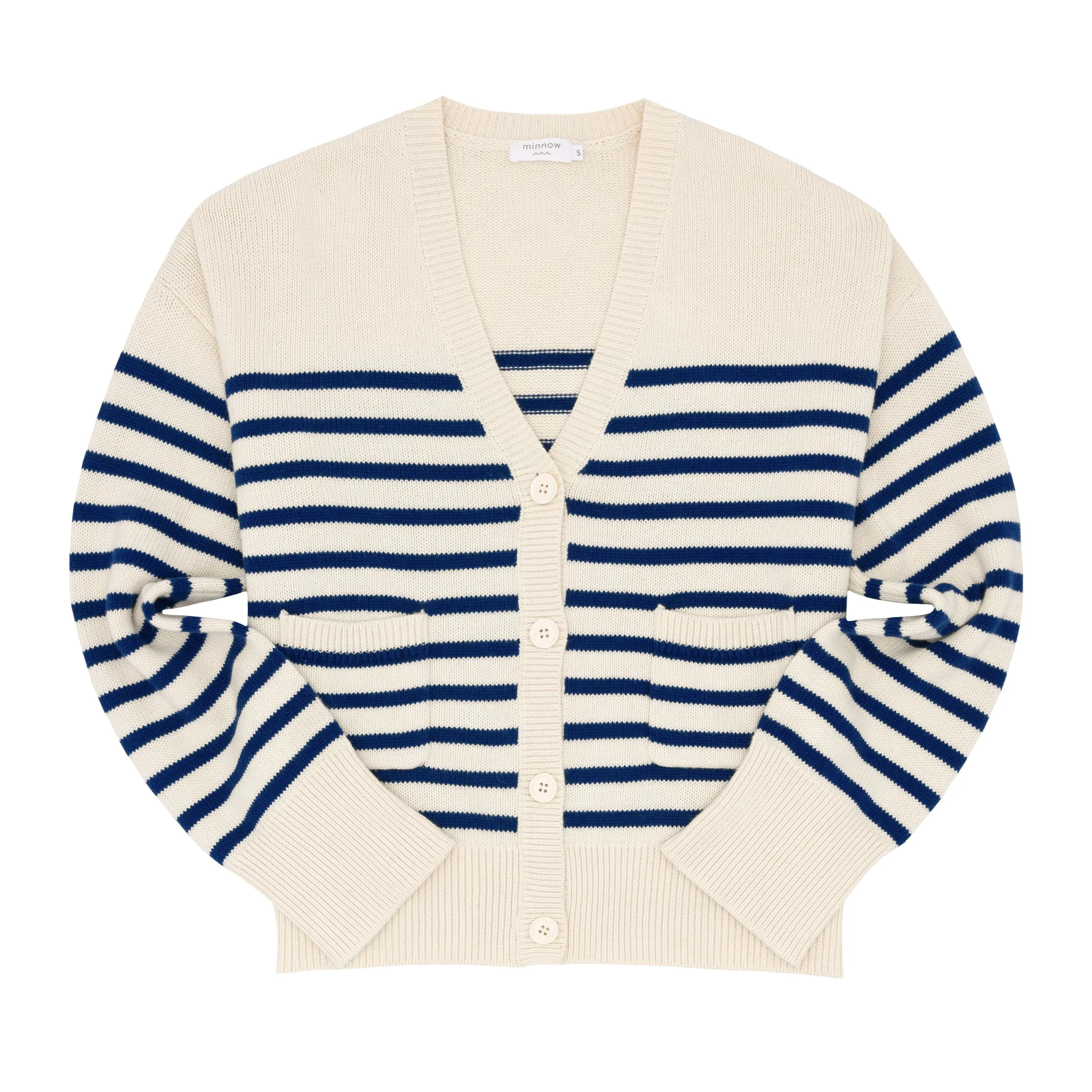 women's breton stripe v-neck knit cardigan sold by minnow
