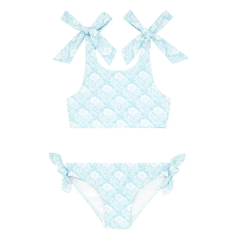 girls plumeria quilt exaggerated tie-knot bikini sold by minnow