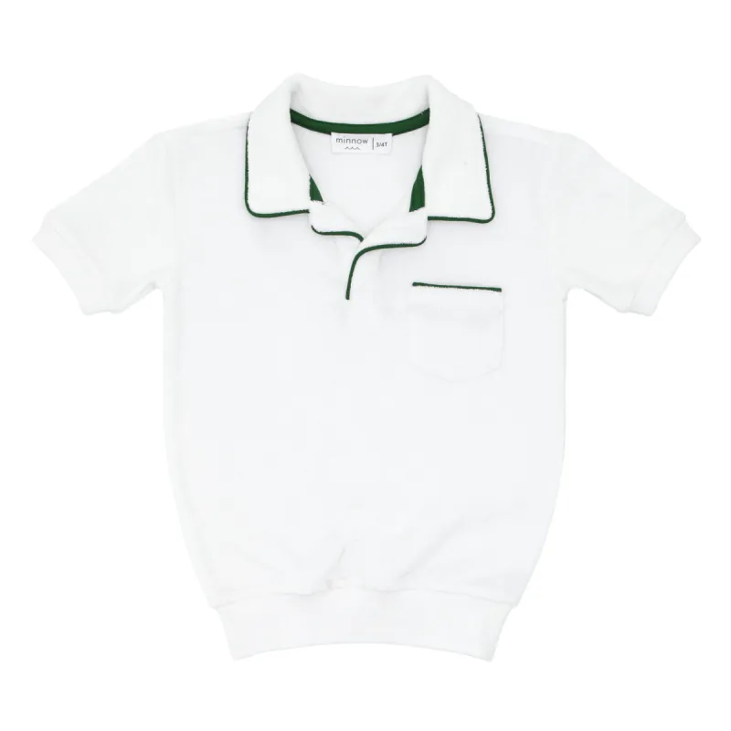 unisex white terry polo with ribbed hem sold by minnow