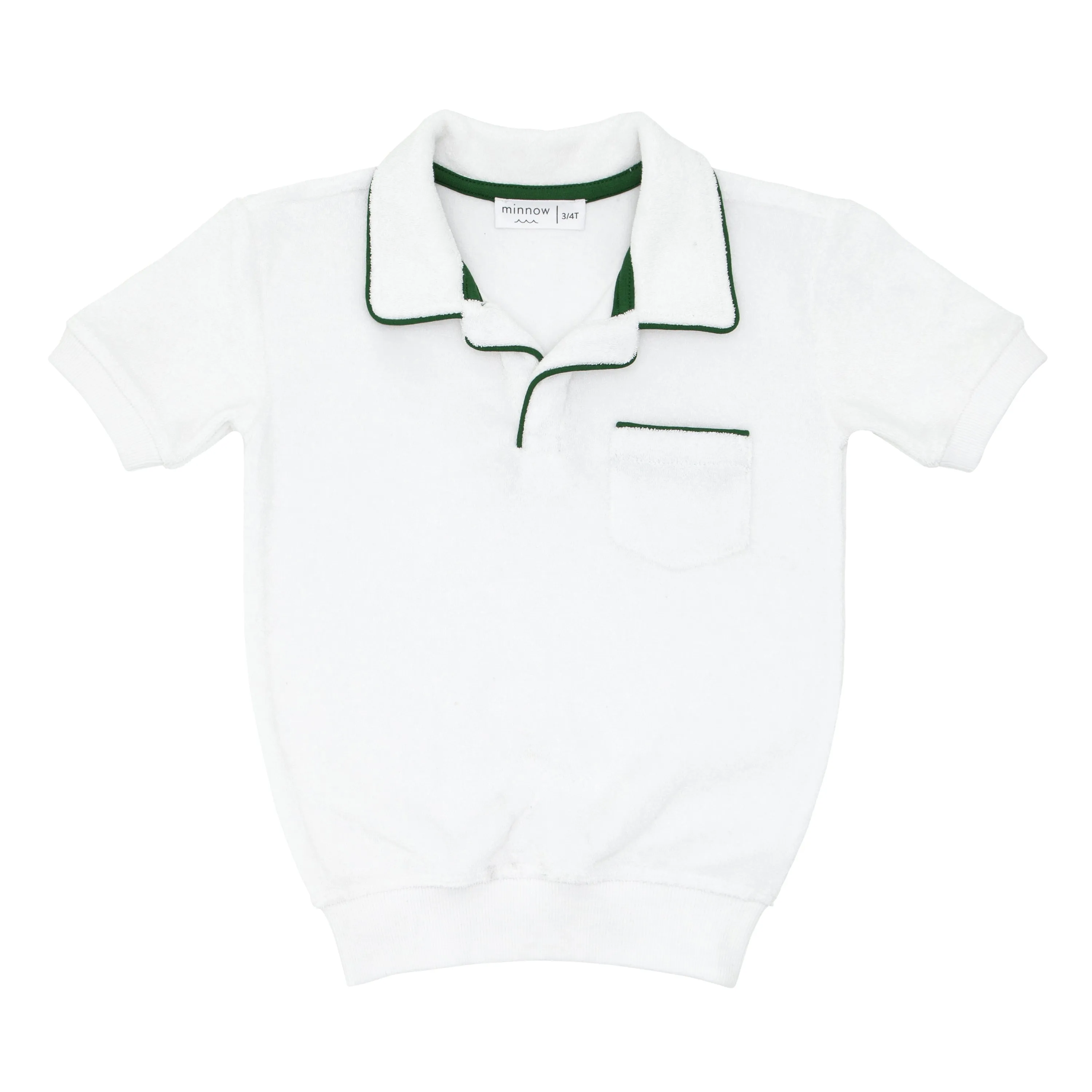 unisex white terry polo with ribbed hem sold by minnow