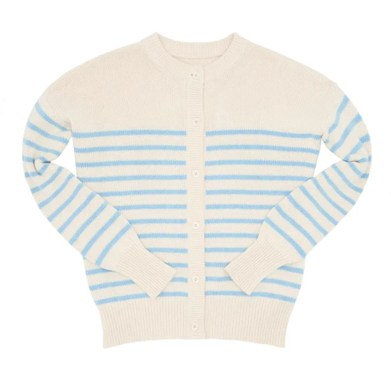 women's cream and peri blue stripe cardigan sold by minnow