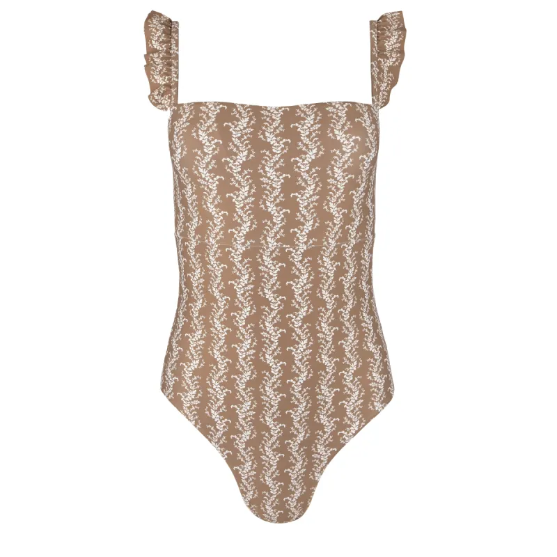 women's almond vine floral ruffle one piece sold by minnow