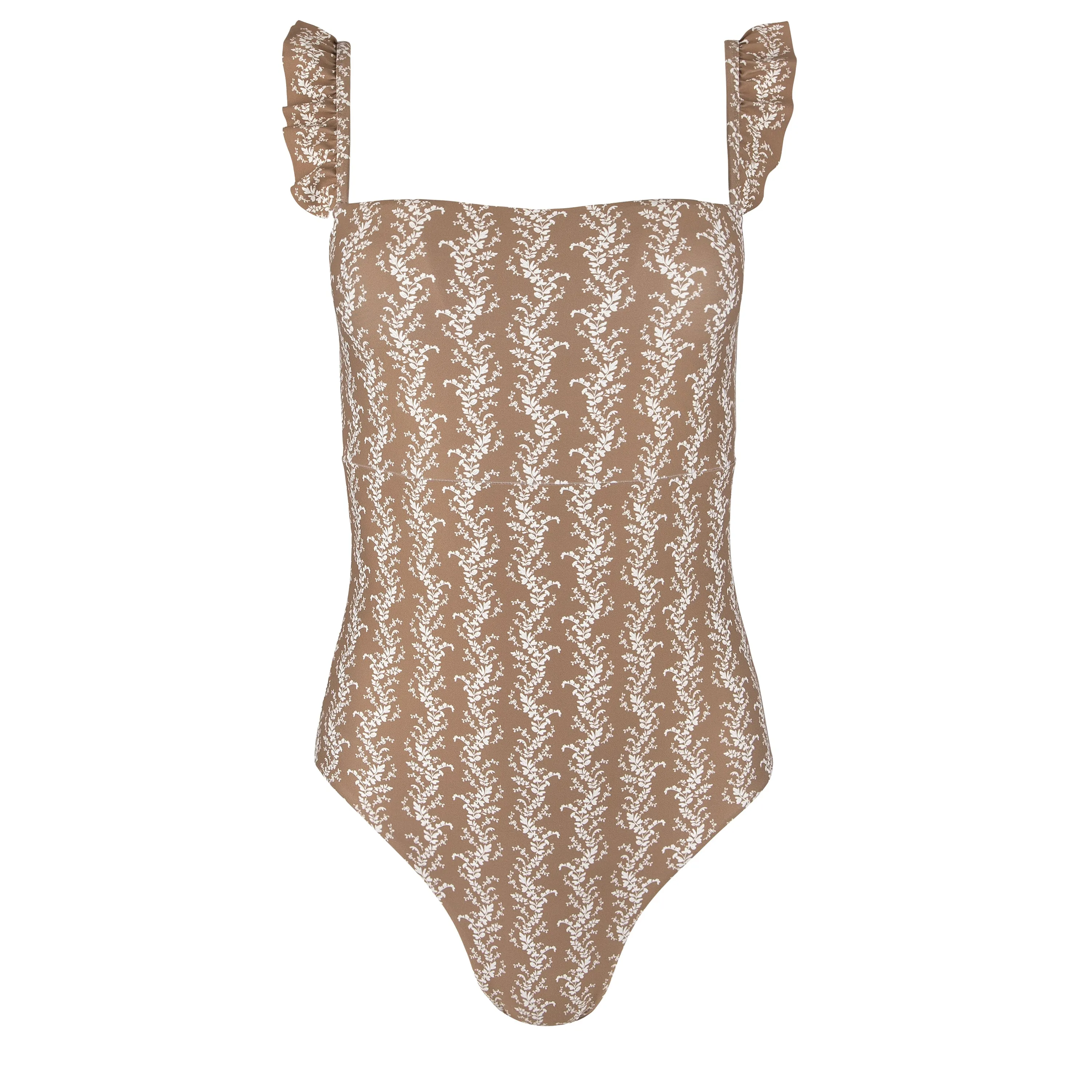 women's almond vine floral ruffle one piece sold by minnow