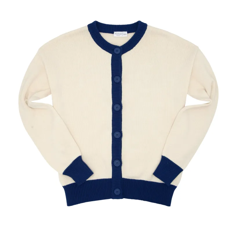 women's cream and navy trim cardigan sold by minnow