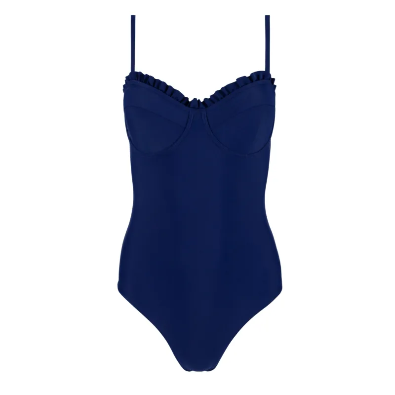 women's navy ruffle edge one piece sold by minnow