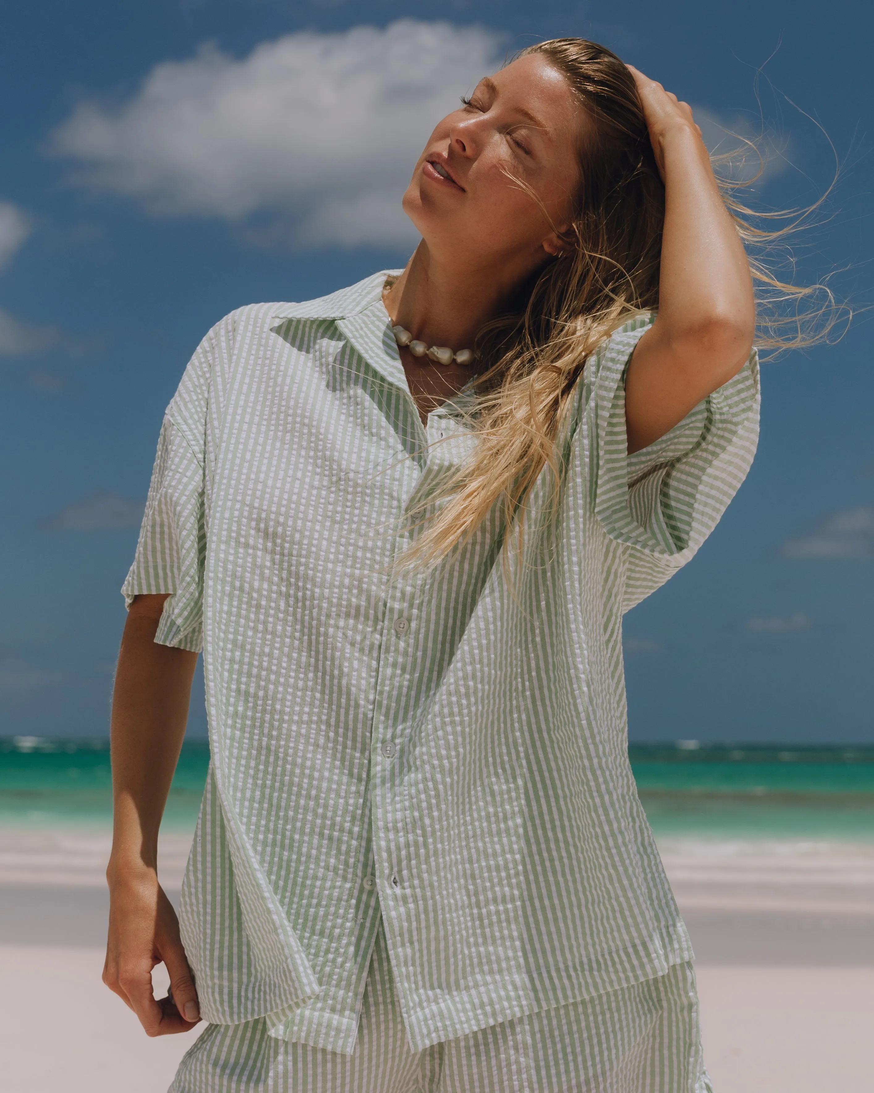 Seersucker Boxy Button Down - Light Green/White Stripe sold by Daily Drills