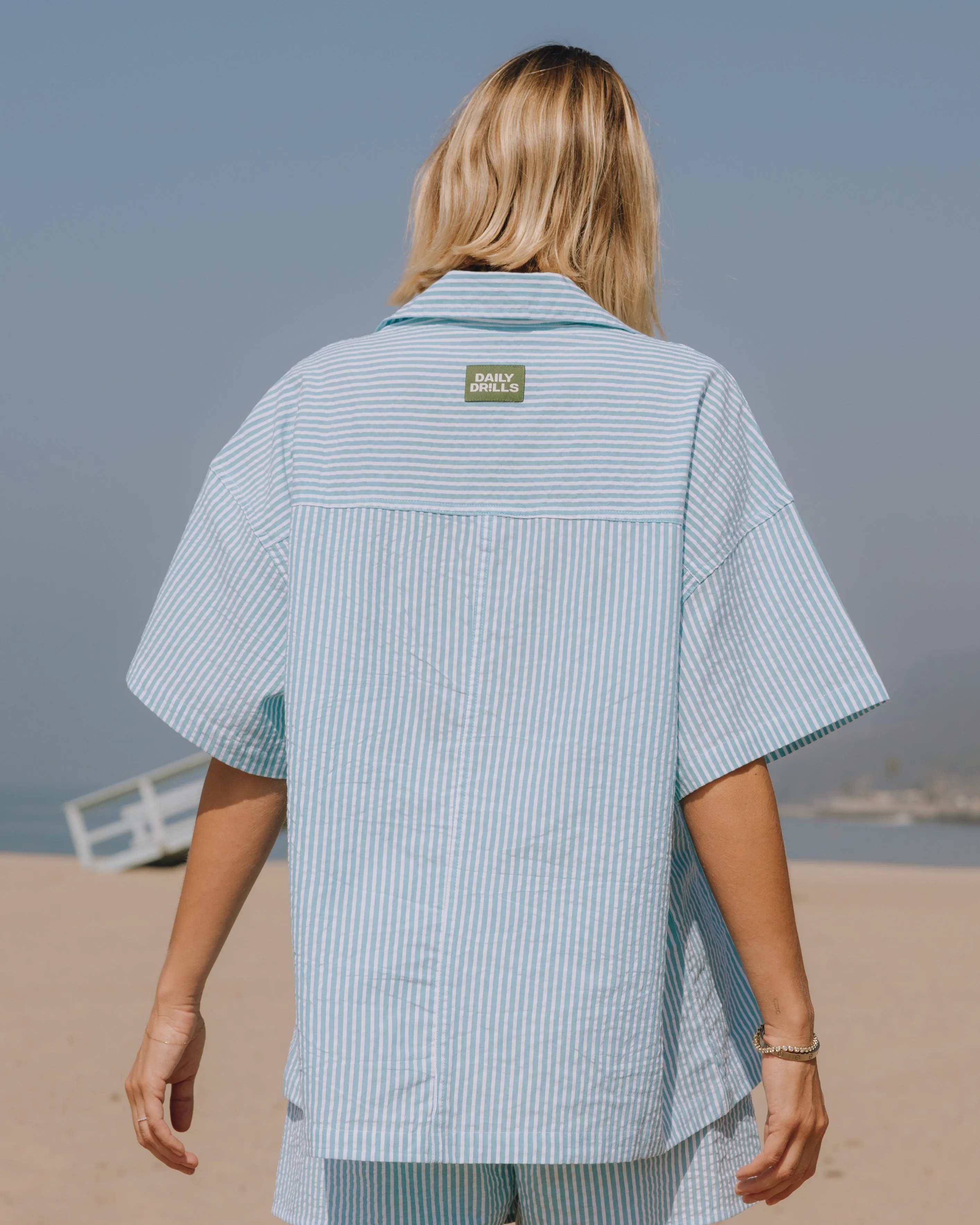 Seersucker Boxy Button Down - Teal/White Stripe sold by Daily Drills product image thumbnail 2