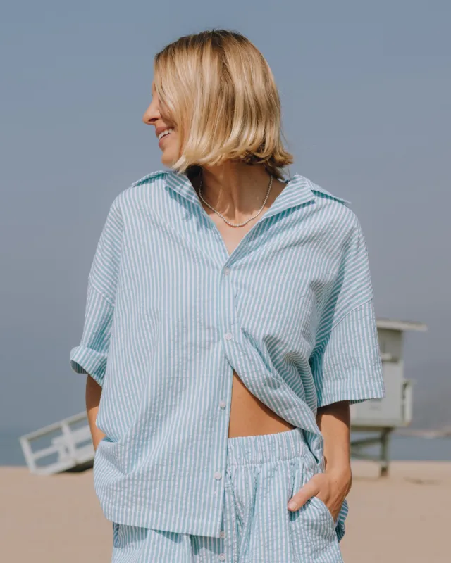 Seersucker Boxy Button Down - Teal/White Stripe sold by Daily Drills