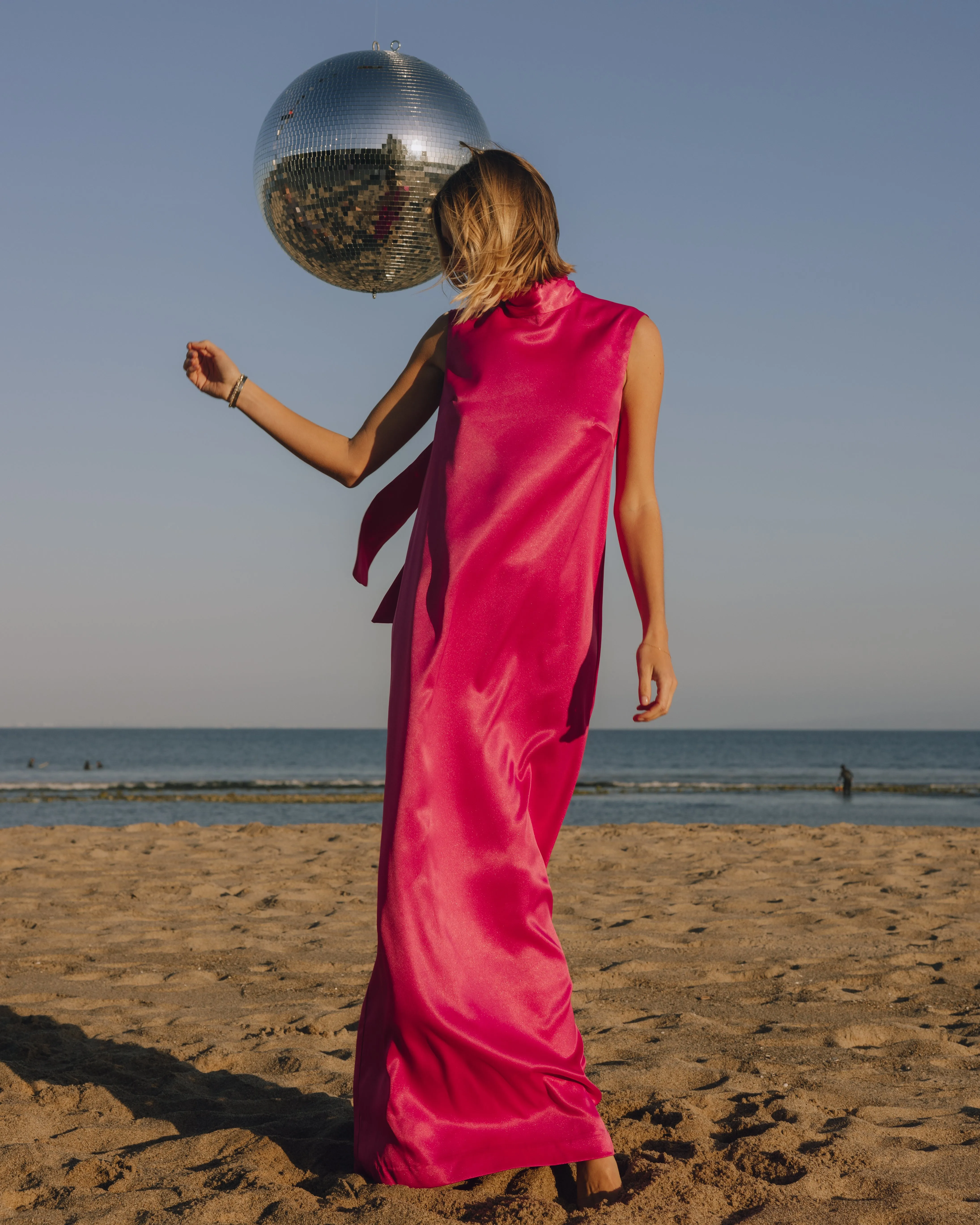Silky Maxi Dress with Neck Tie - Hot Pink sold by Daily Drills
