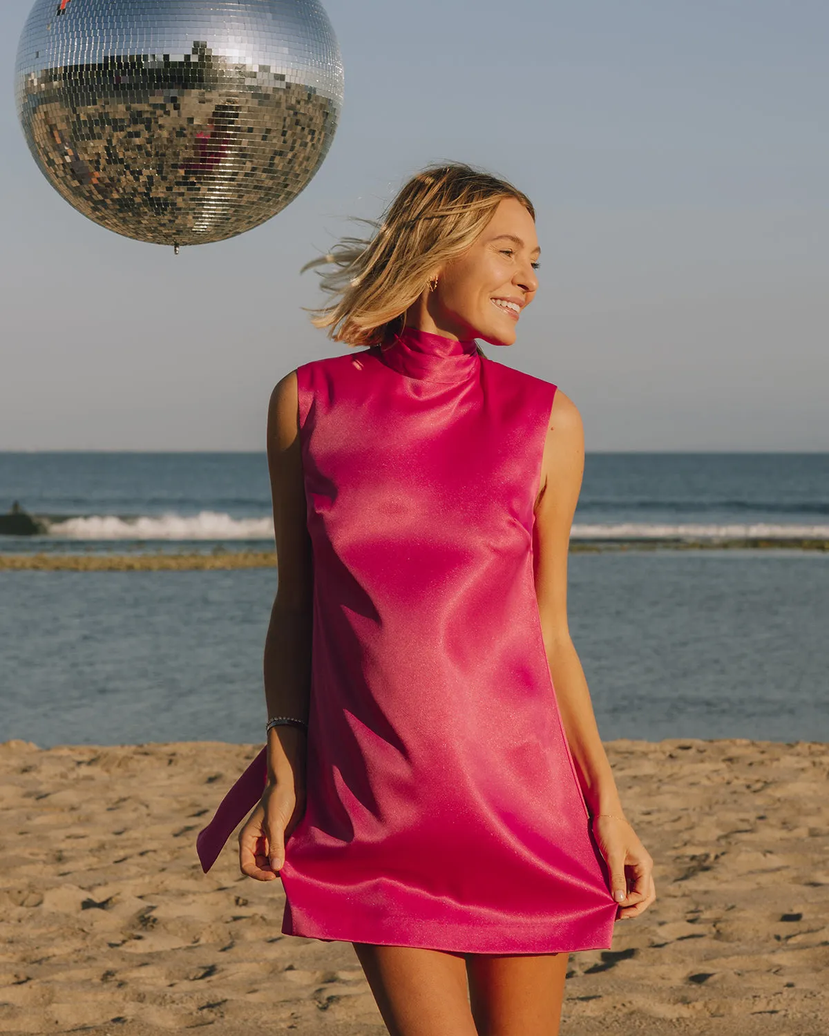 Silky Mini Dress with Neck Tie - Hot Pink sold by Daily Drills