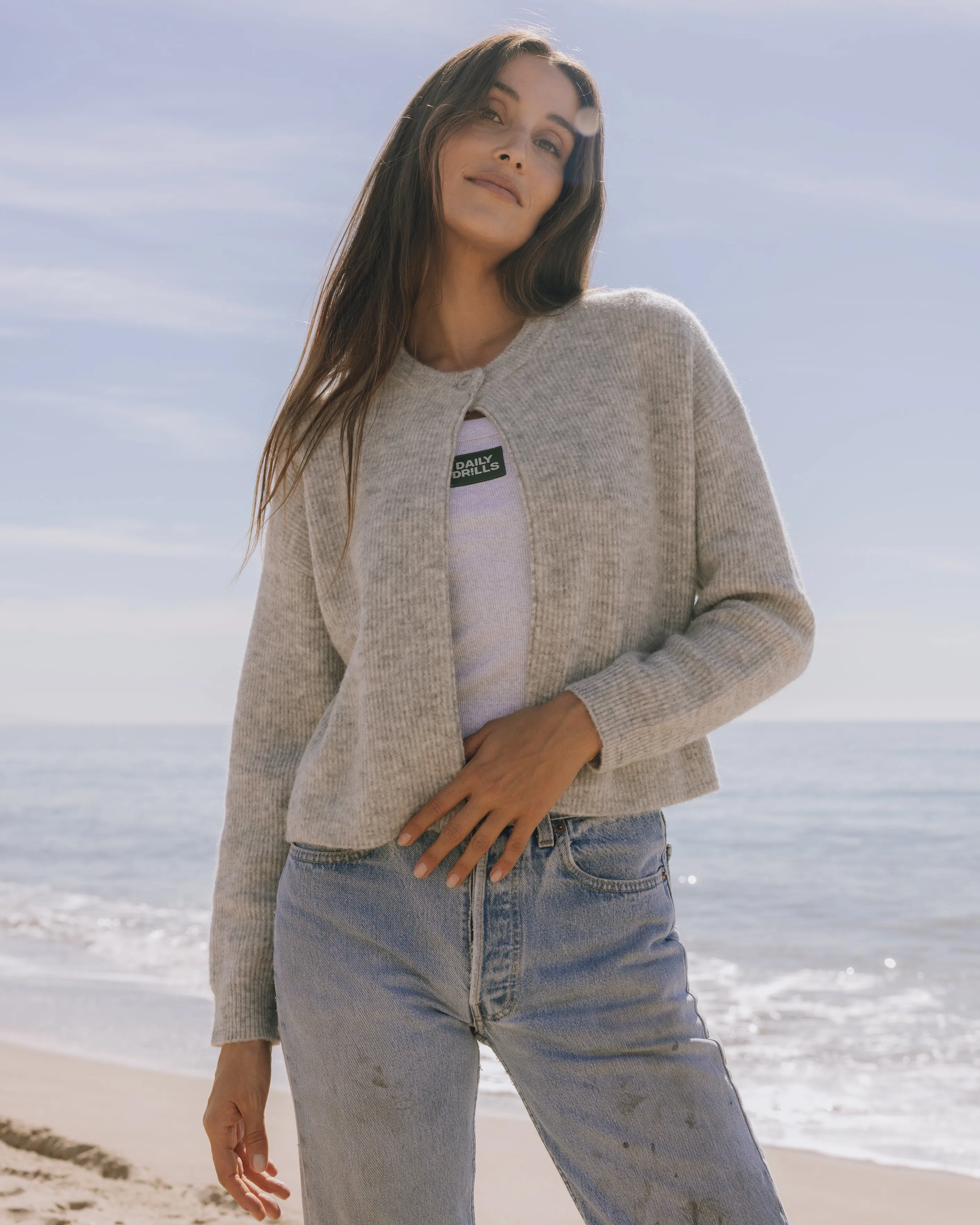 Single Button Long Sleeve Sweater - Light Grey sold by Daily Drills product image thumbnail 2