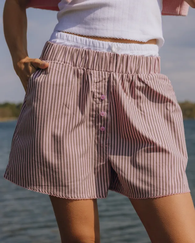 Pointelle Layered Poplin Resort Shorts - Mocha + Pink Stripe sold by Daily Drills