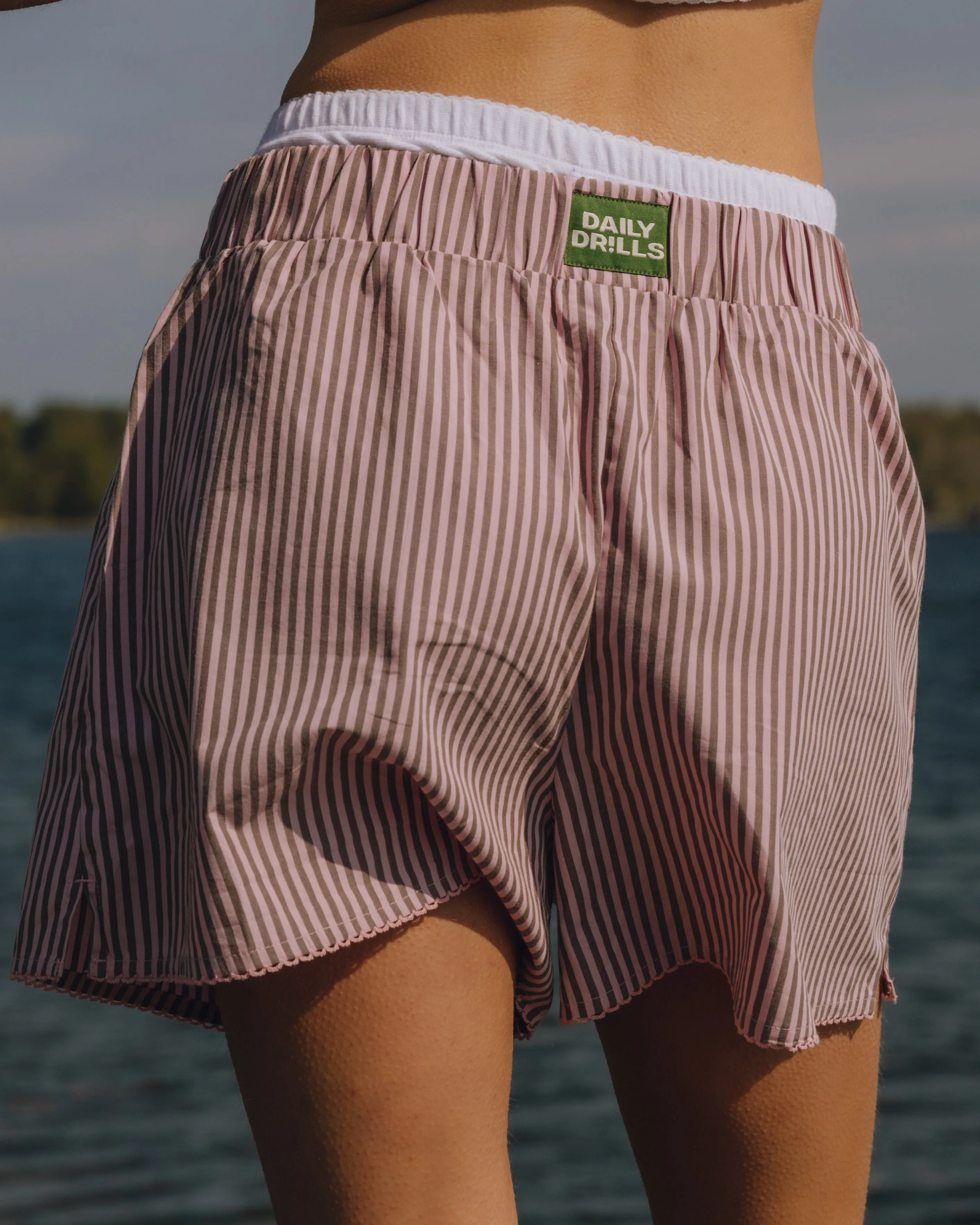 Pointelle Layered Poplin Resort Shorts - Mocha + Pink Stripe sold by Daily Drills product image thumbnail 2