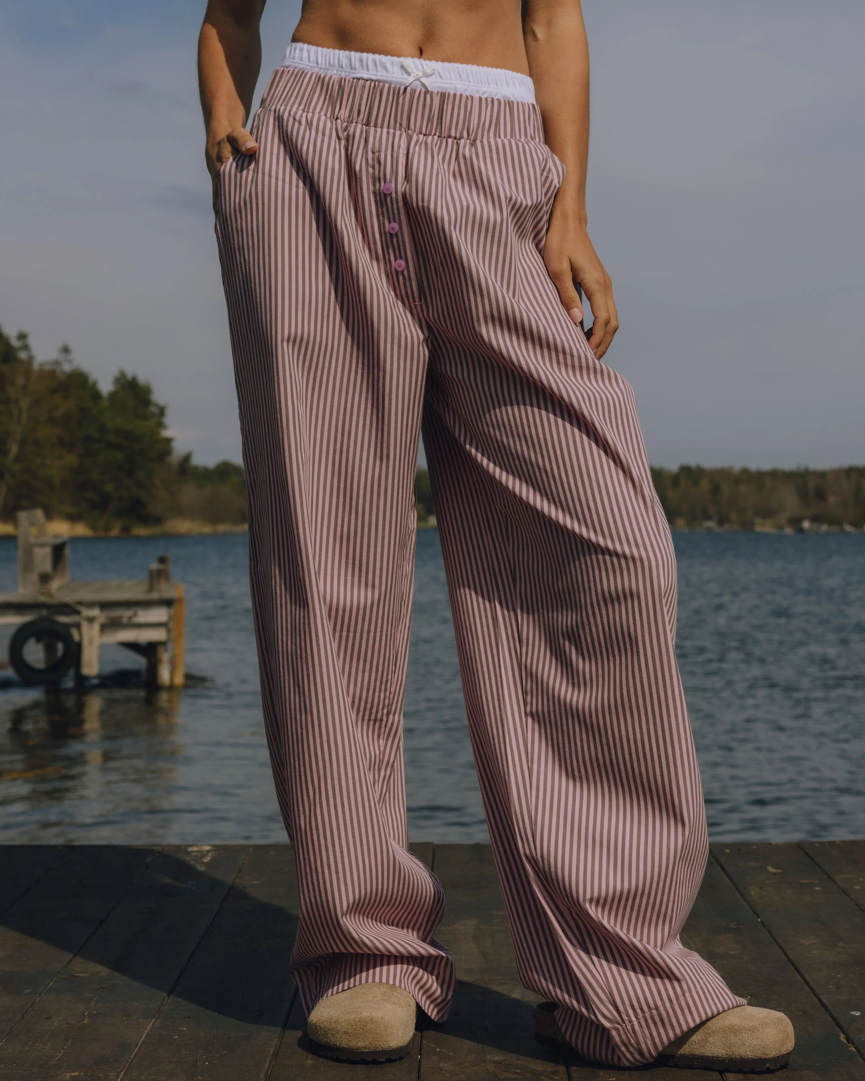Pointelle Layered Poplin Resort Pants - Mocha + Pink Stripe sold by Daily Drills