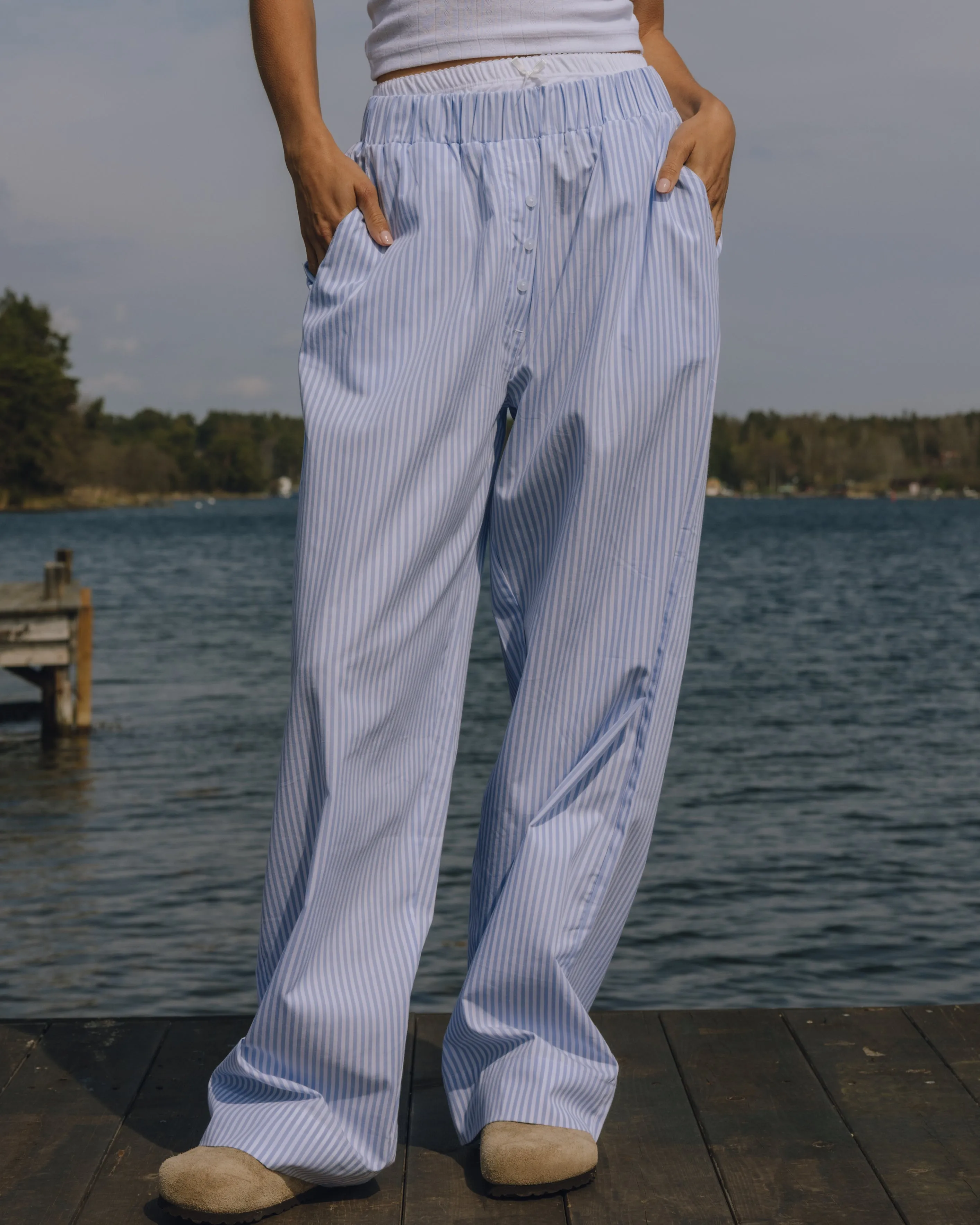 Pointelle Layered Poplin Resort Pants - Mist + White Stripe sold by Daily Drills