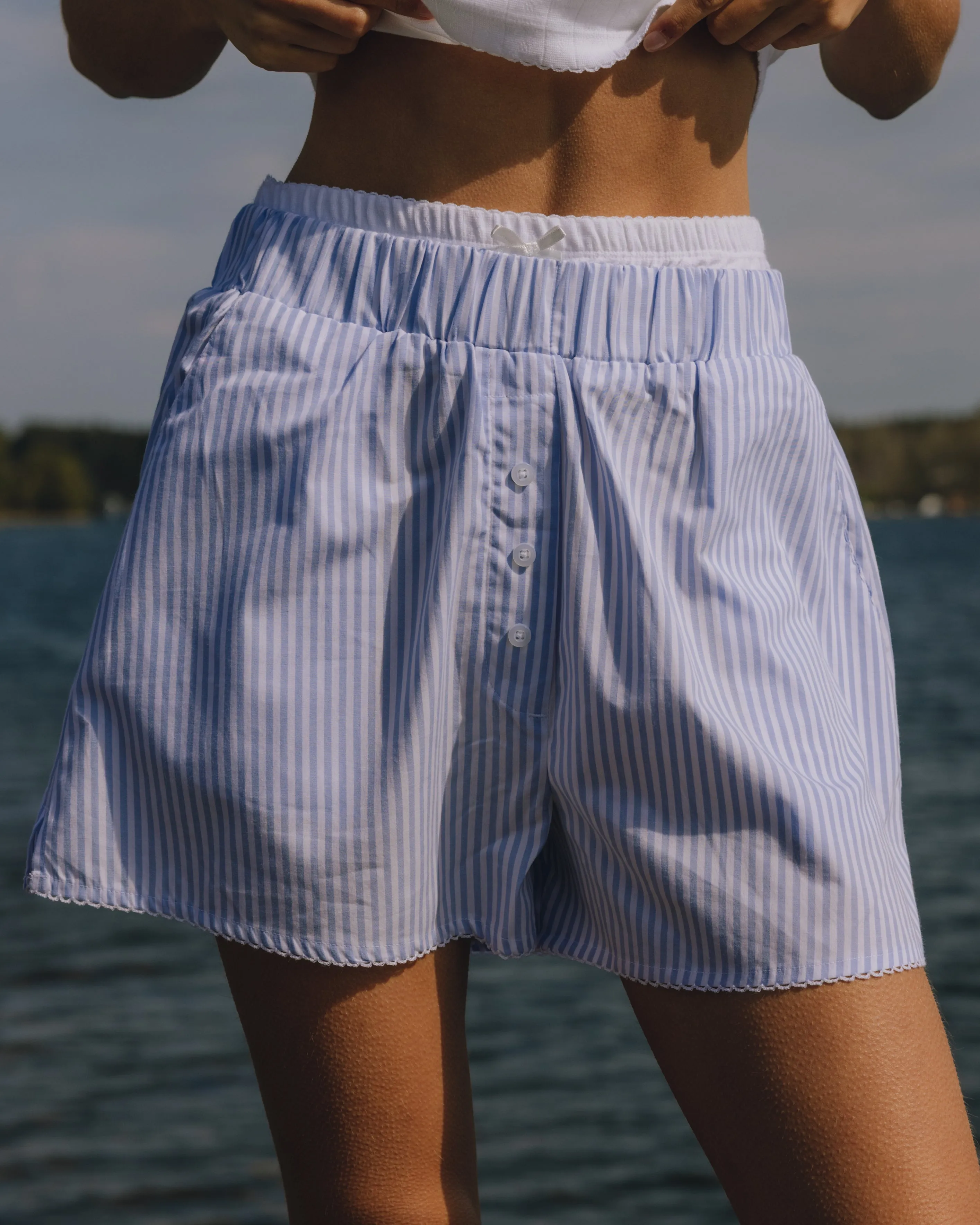 Pointelle Layered Poplin Resort Shorts - Mist + White Stripe sold by Daily Drills