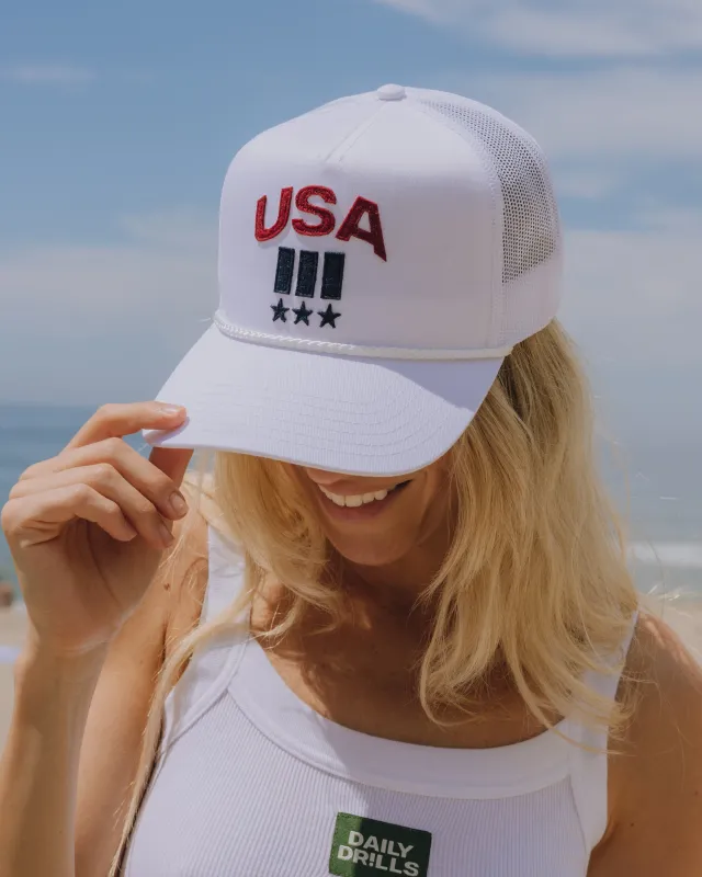 USA Trucker Hat - White with Red + Navy sold by Daily Drills