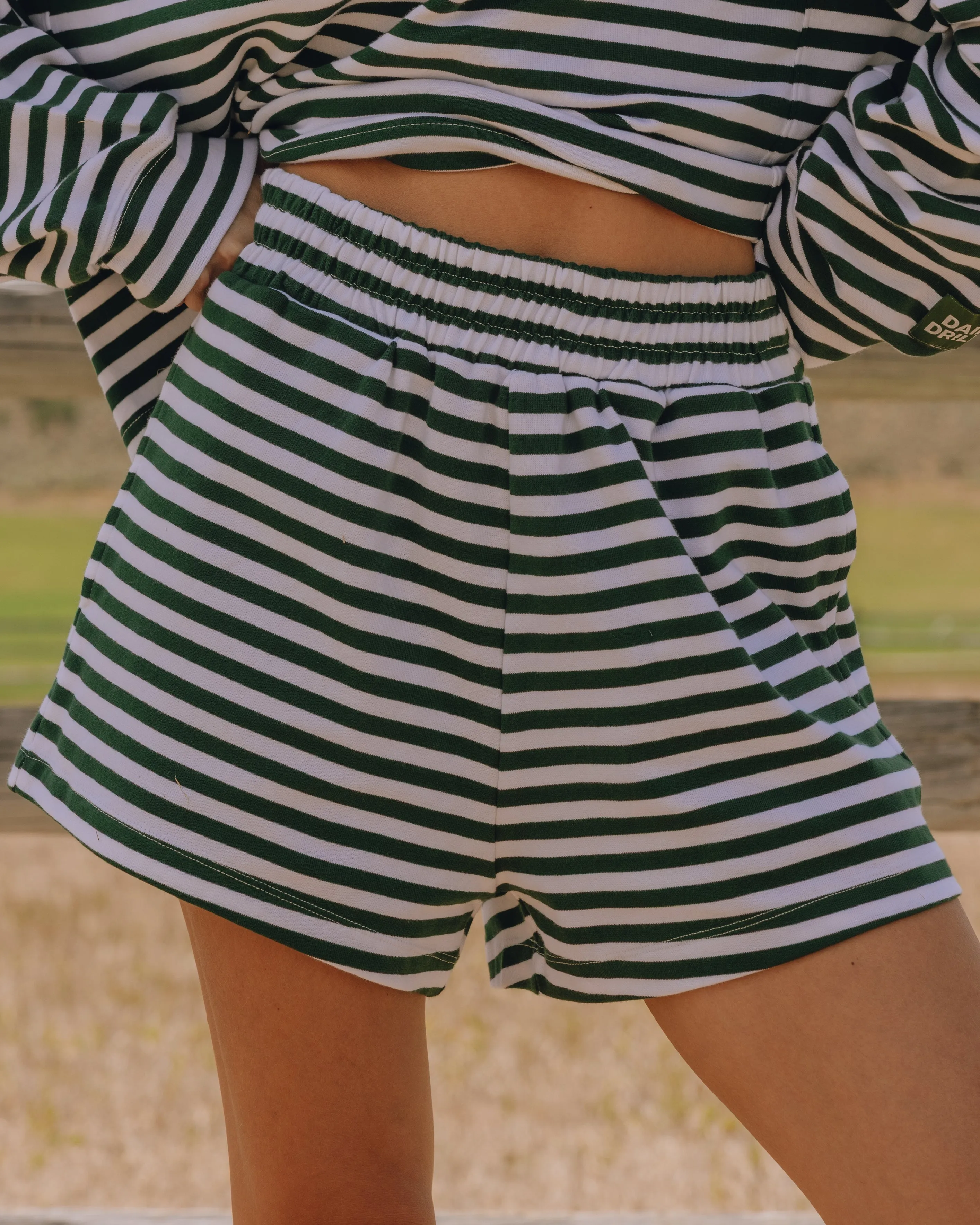 Striped Cotton Shorts - Forest Green + White Stripe sold by Daily Drills