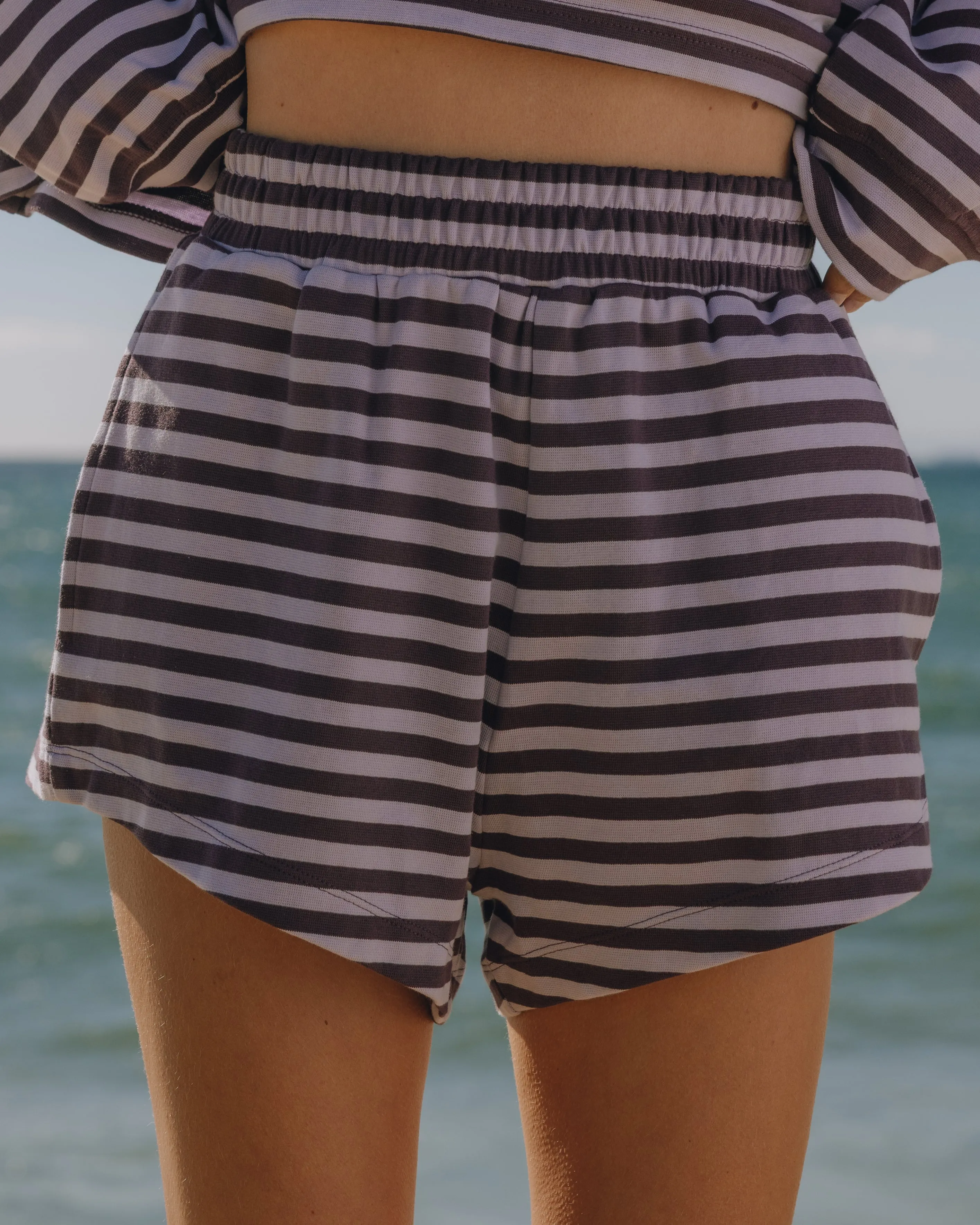 Striped Cotton Shorts - Plum + Wink Stripe with Monochrome Patch sold by Daily Drills