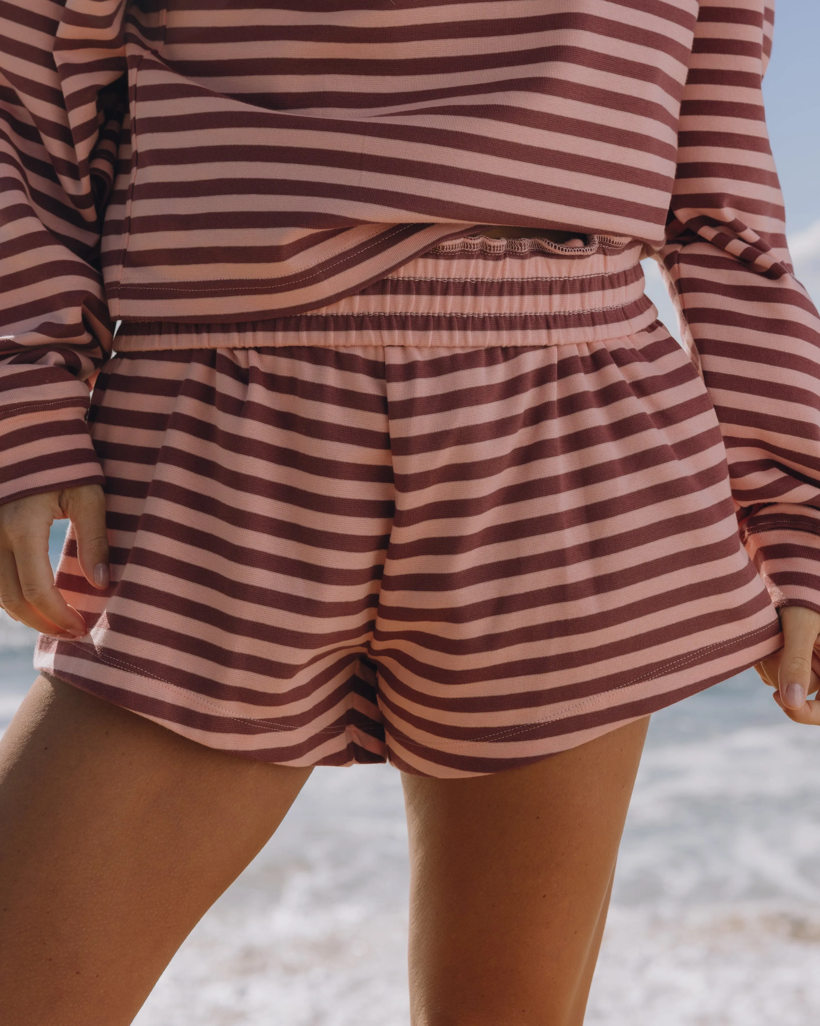 Striped Cotton Shorts - Wine + Dusty Rose Stripe with Monochrome Patch sold by Daily Drills product image thumbnail 3