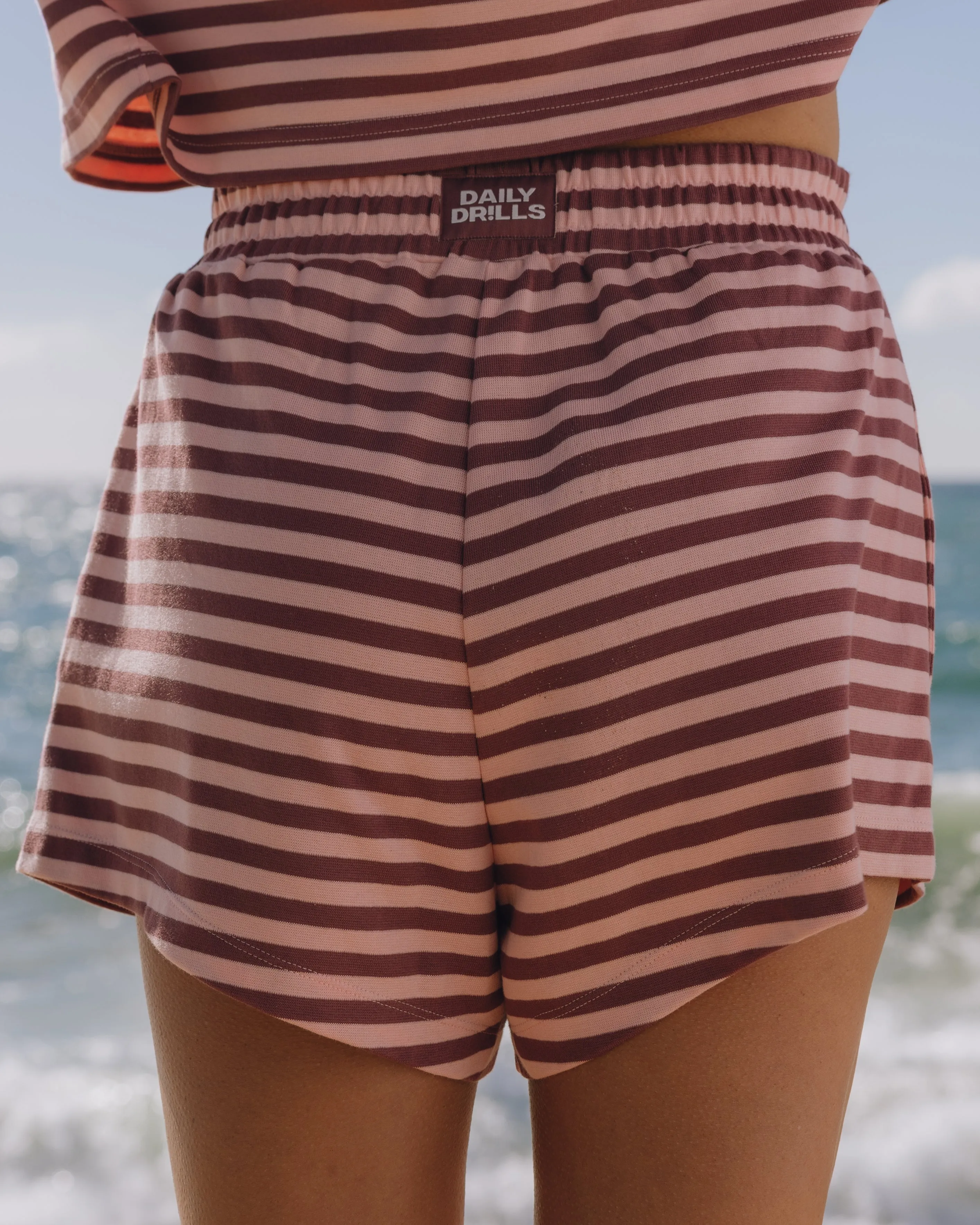 Striped Cotton Shorts - Wine + Dusty Rose Stripe with Monochrome Patch sold by Daily Drills product image thumbnail 2