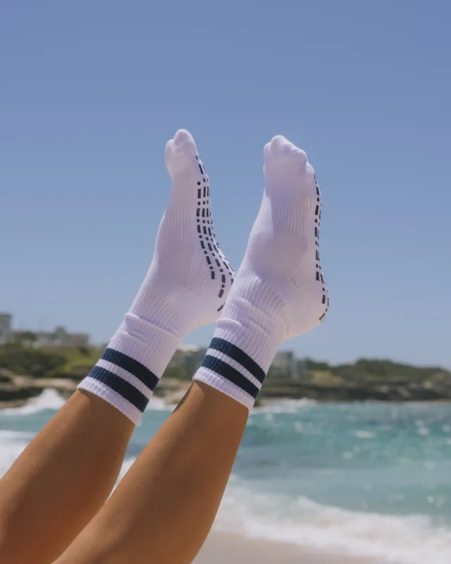 !!! Pilates Socks - White + Navy made by Daily Drills