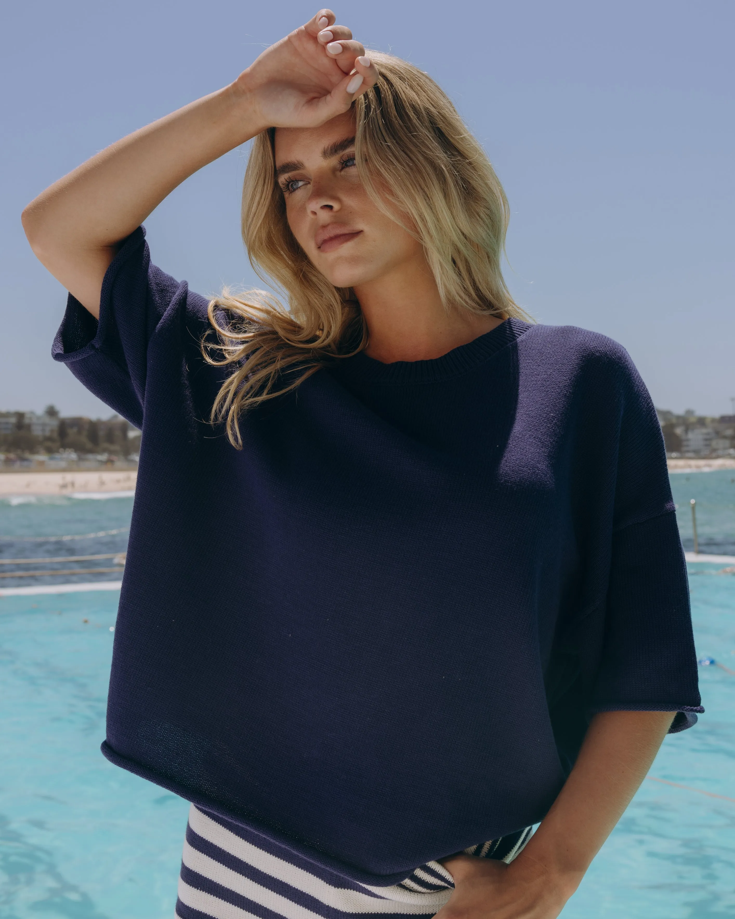 Beach Knit Cropped Sleeve - Navy sold by Daily Drills
