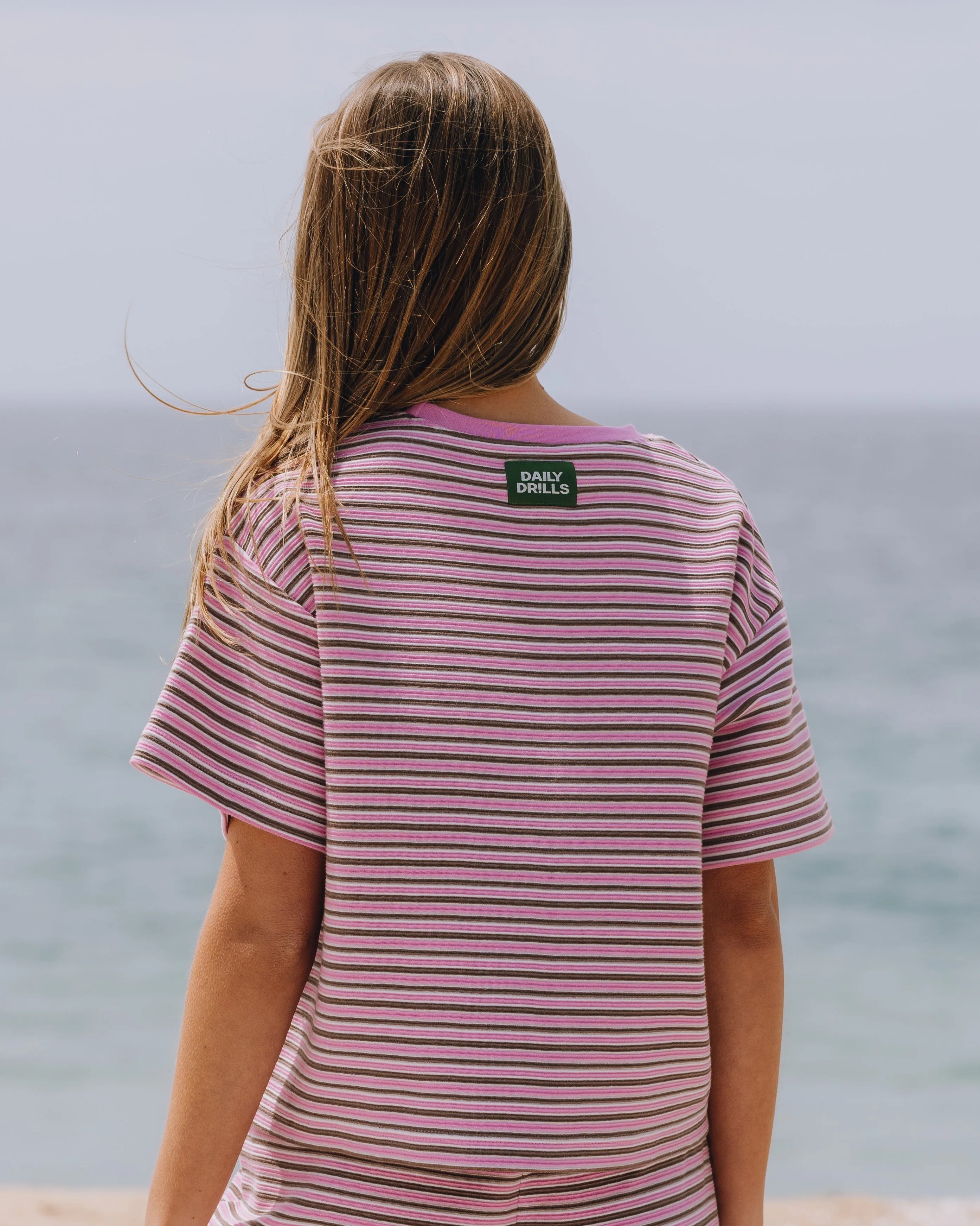 Striped Ribbed Relaxed Tee - Taffy + Mocha + Cream Stripe sold by Daily Drills product image thumbnail 3