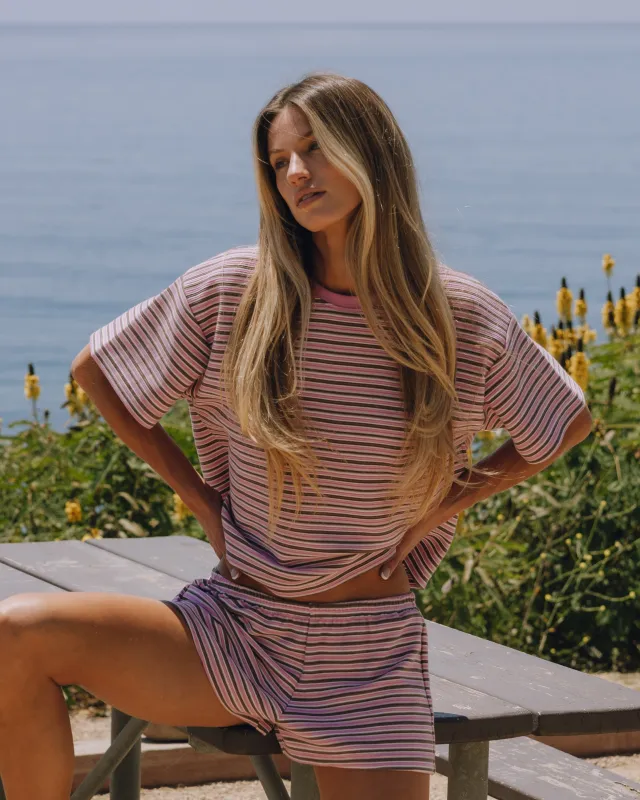 Striped Ribbed Relaxed Tee - Taffy + Mocha + Cream Stripe made by Daily Drills