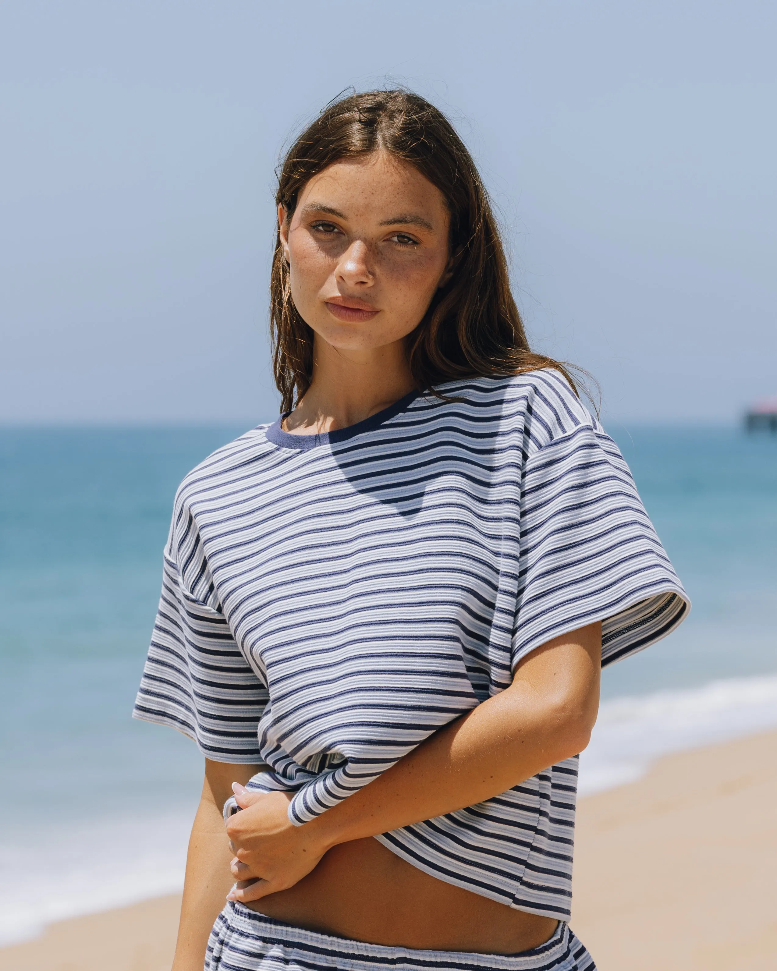 Striped Ribbed Relaxed Tee - Navy + Powder + Cream Stripe sold by Daily Drills product image thumbnail 2