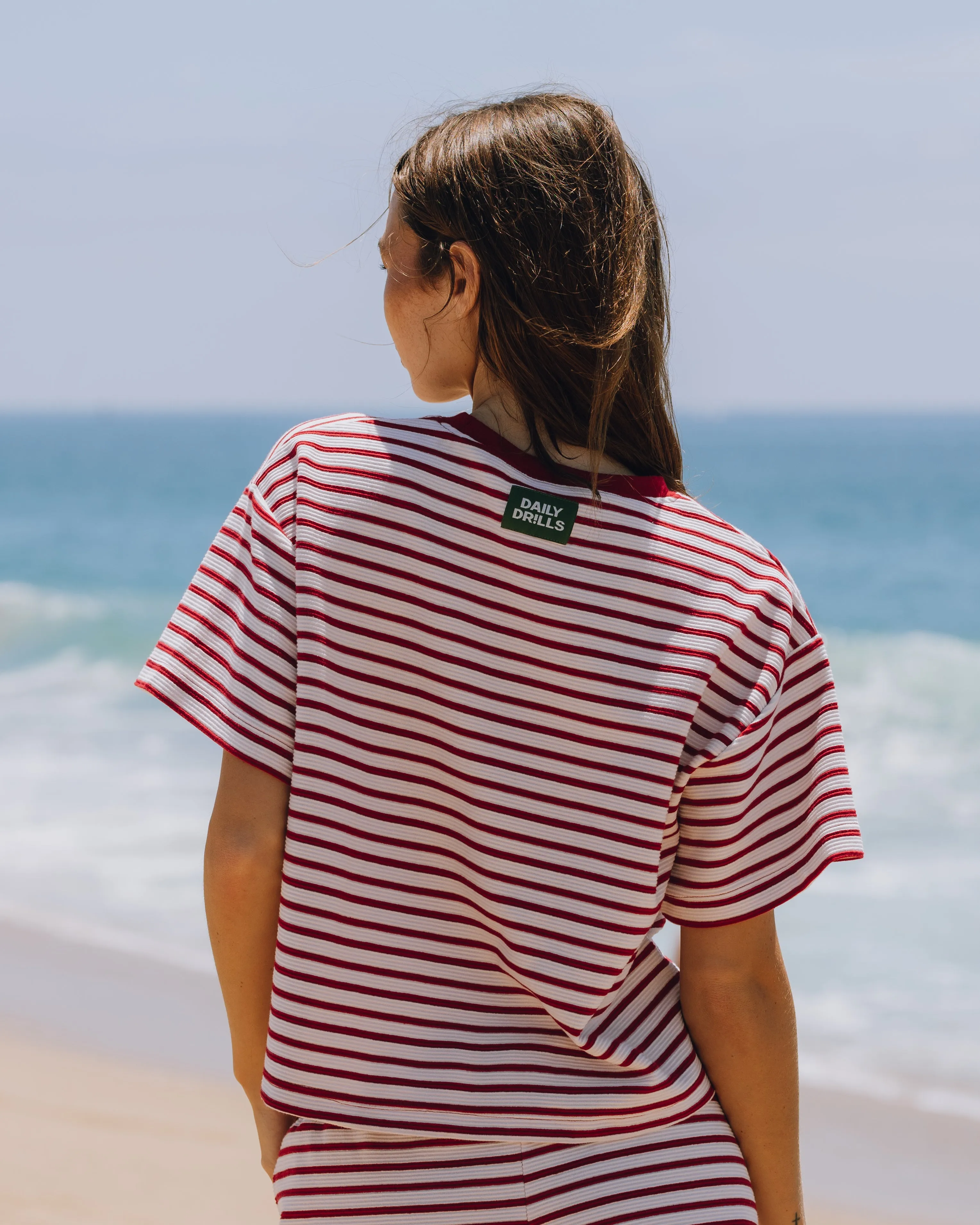 Striped Ribbed Relaxed Tee - Vintage Red + Cupid + Cream Stripe sold by Daily Drills product image thumbnail 3