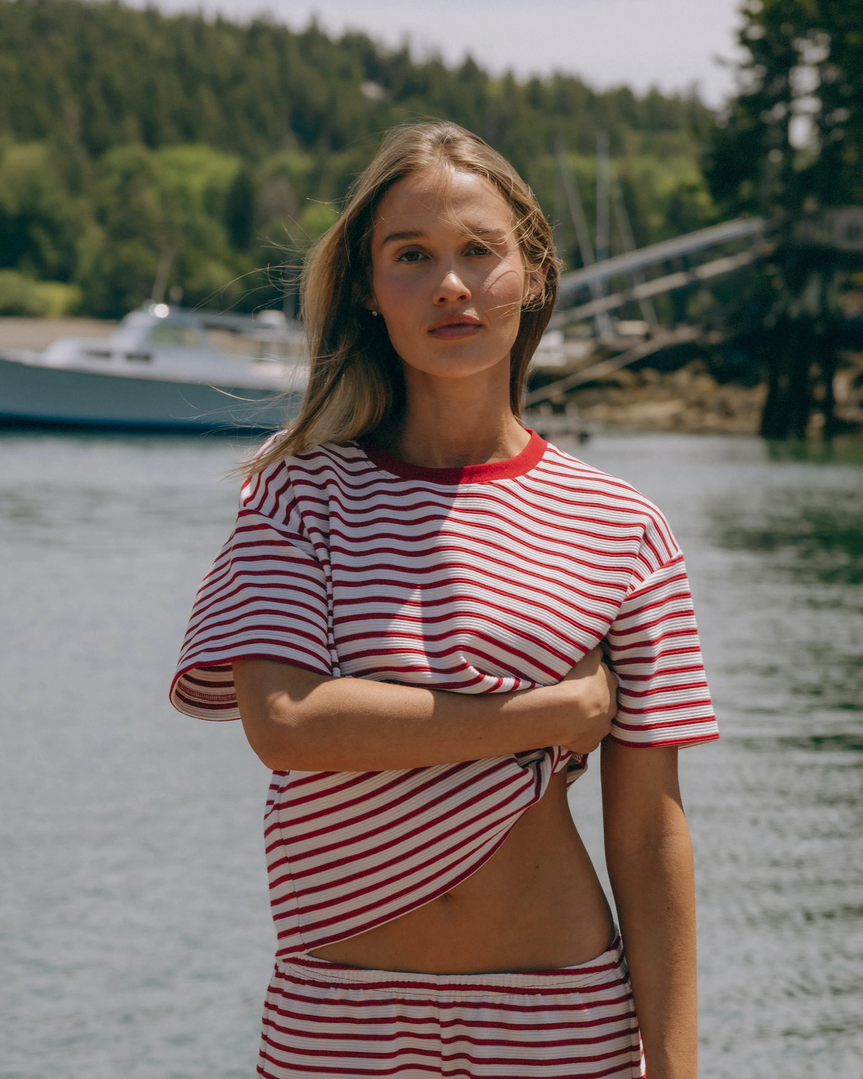 Striped Ribbed Relaxed Tee - Vintage Red + Cupid + Cream Stripe sold by Daily Drills