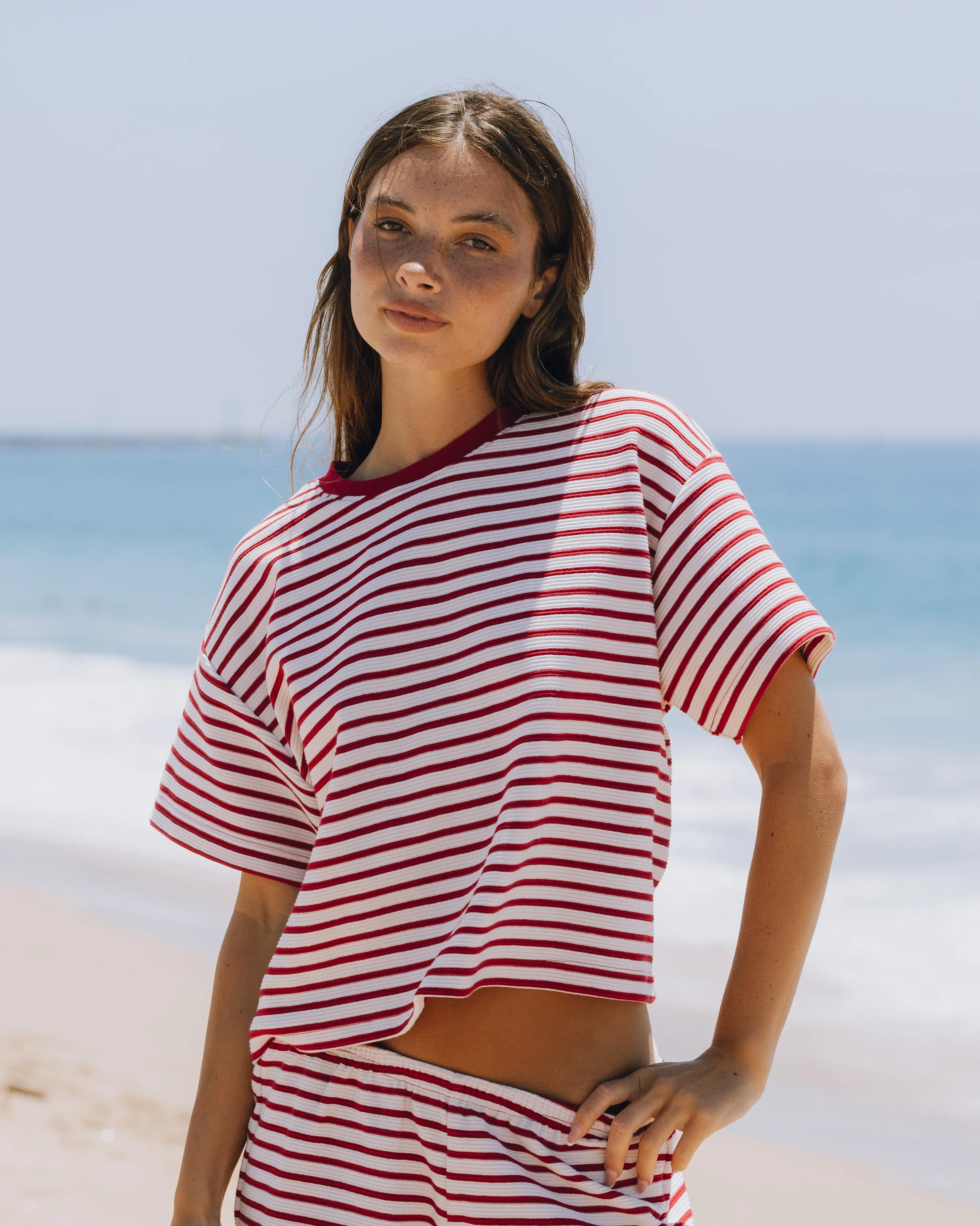 Striped Ribbed Relaxed Tee - Vintage Red + Cupid + Cream Stripe sold by Daily Drills product image thumbnail 2