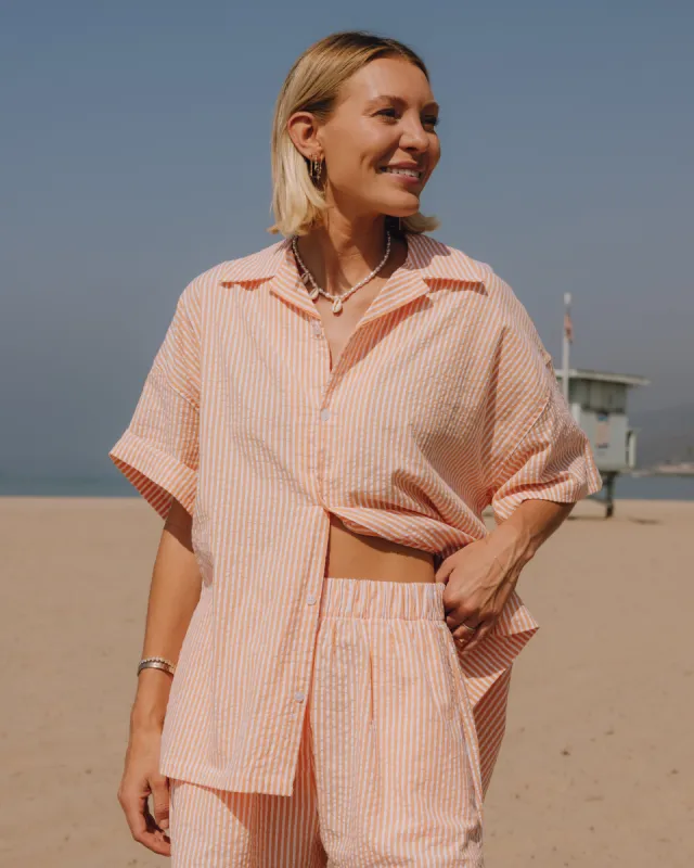 Seersucker Boxy Button Down - Orange/White Stripe sold by Daily Drills