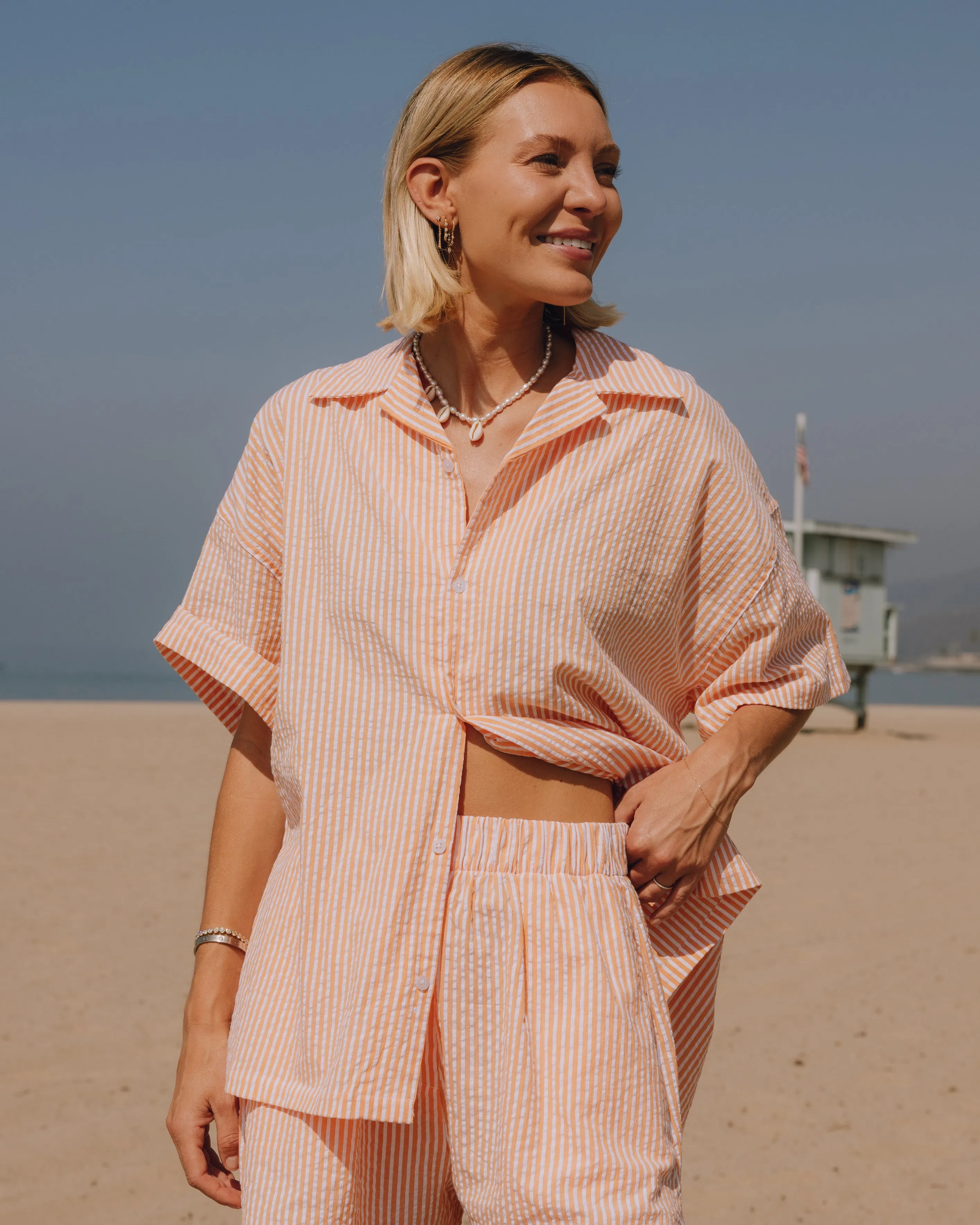 Seersucker Boxy Button Down - Orange/White Stripe sold by Daily Drills