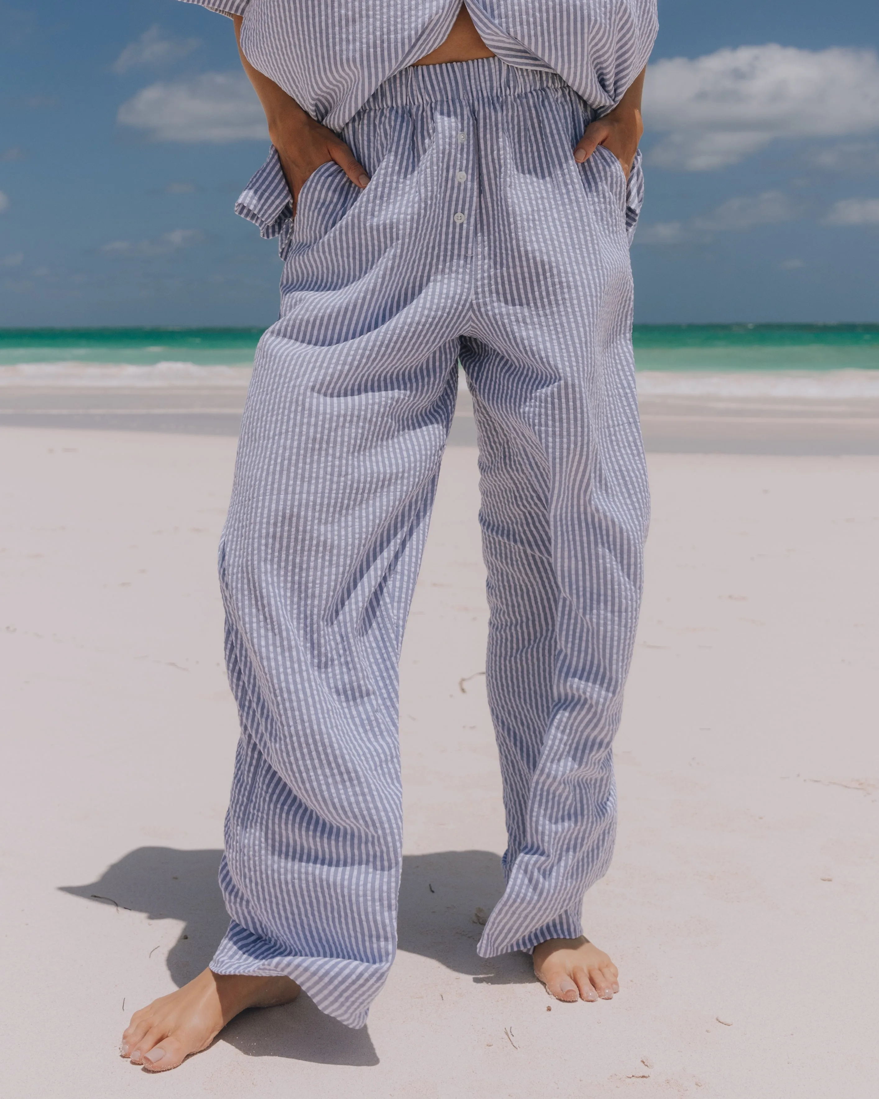Seersucker Resort Pants - Light Blue + White Stripe sold by Daily Drills
