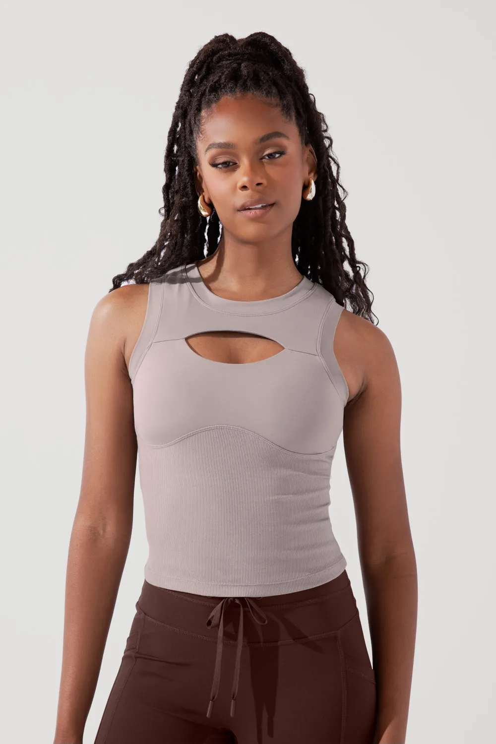 Peekaboo Crew Tank - Smoky Taupe sold by POPFLEX