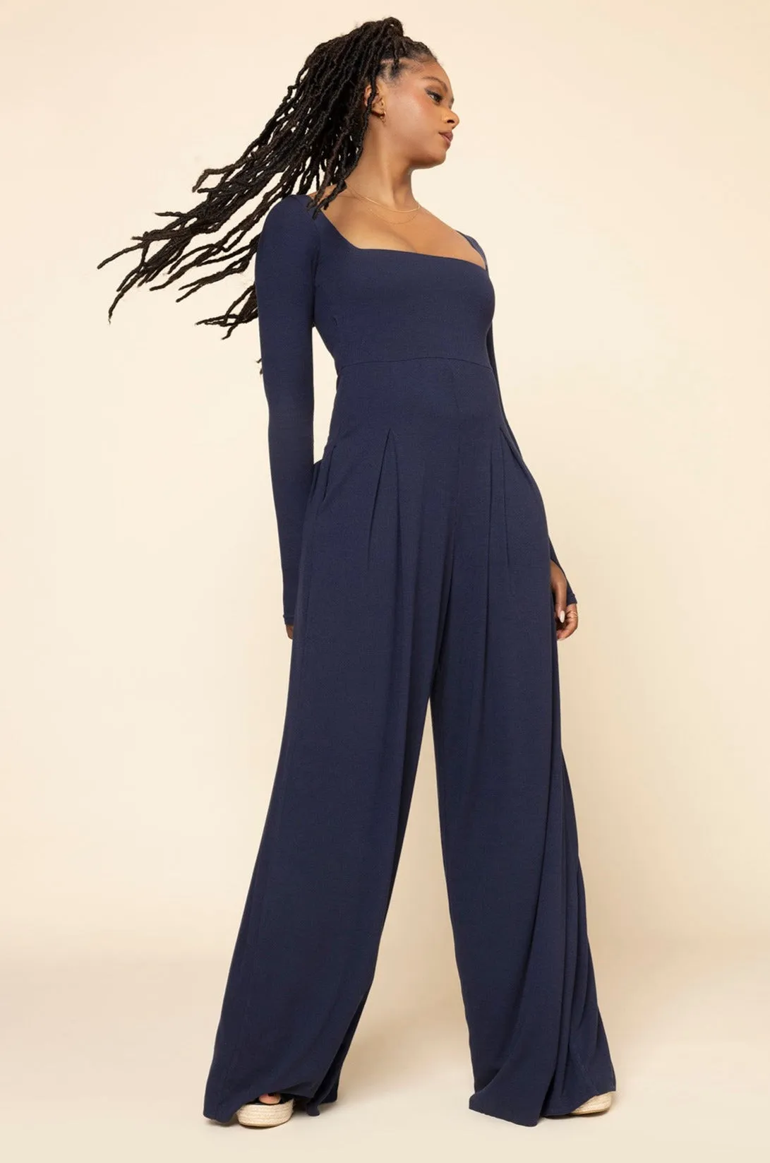 Go With The Flow Long Sleeve Jumpsuit - Cosmic Navy sold by POPFLEX